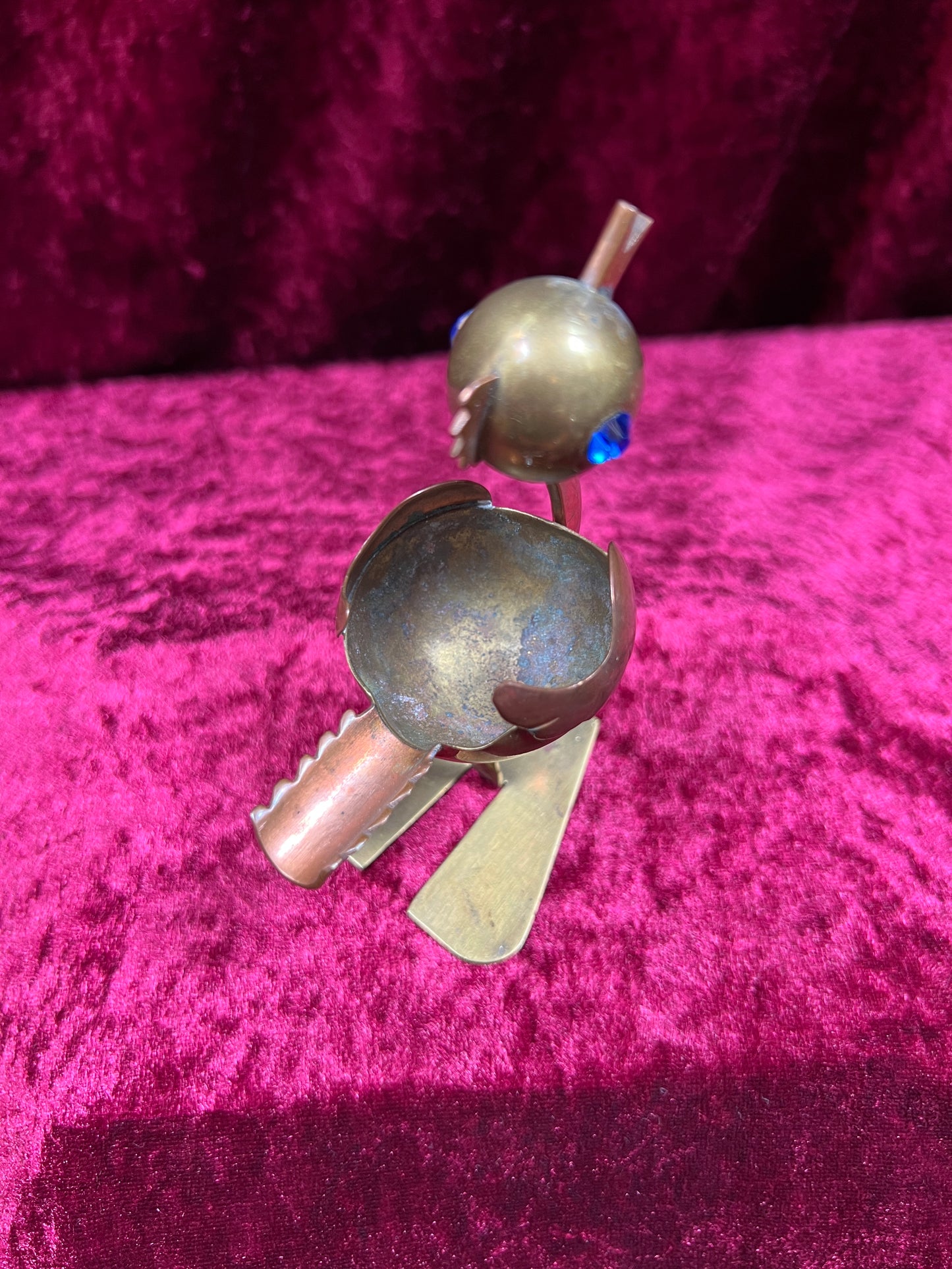 Vintage Ashtray - Mixed Metal Copper Bird with Blue Rhinestone Eyes - Mexico