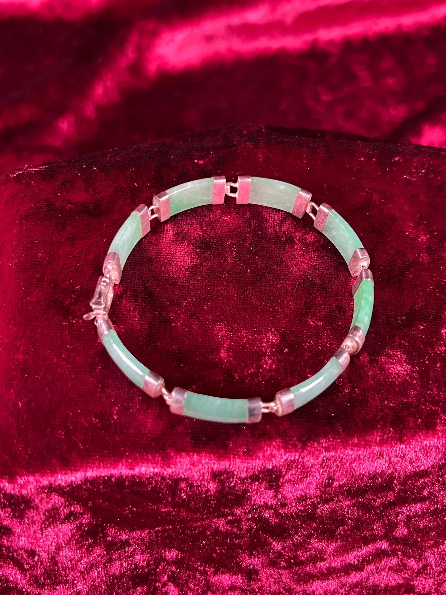 Vintage Jewelry - Link / Panel Bracelet - 925 Sterling Silver - Green Jade - 7.5"