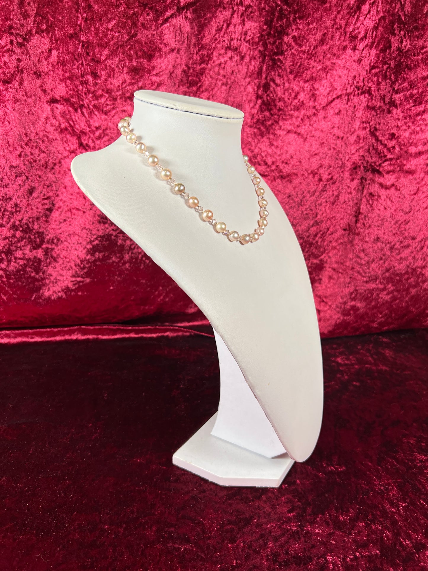 Vintage Jewelry - Beaded Necklace - Faux Pink Pearls and Crystal Beads - 17"