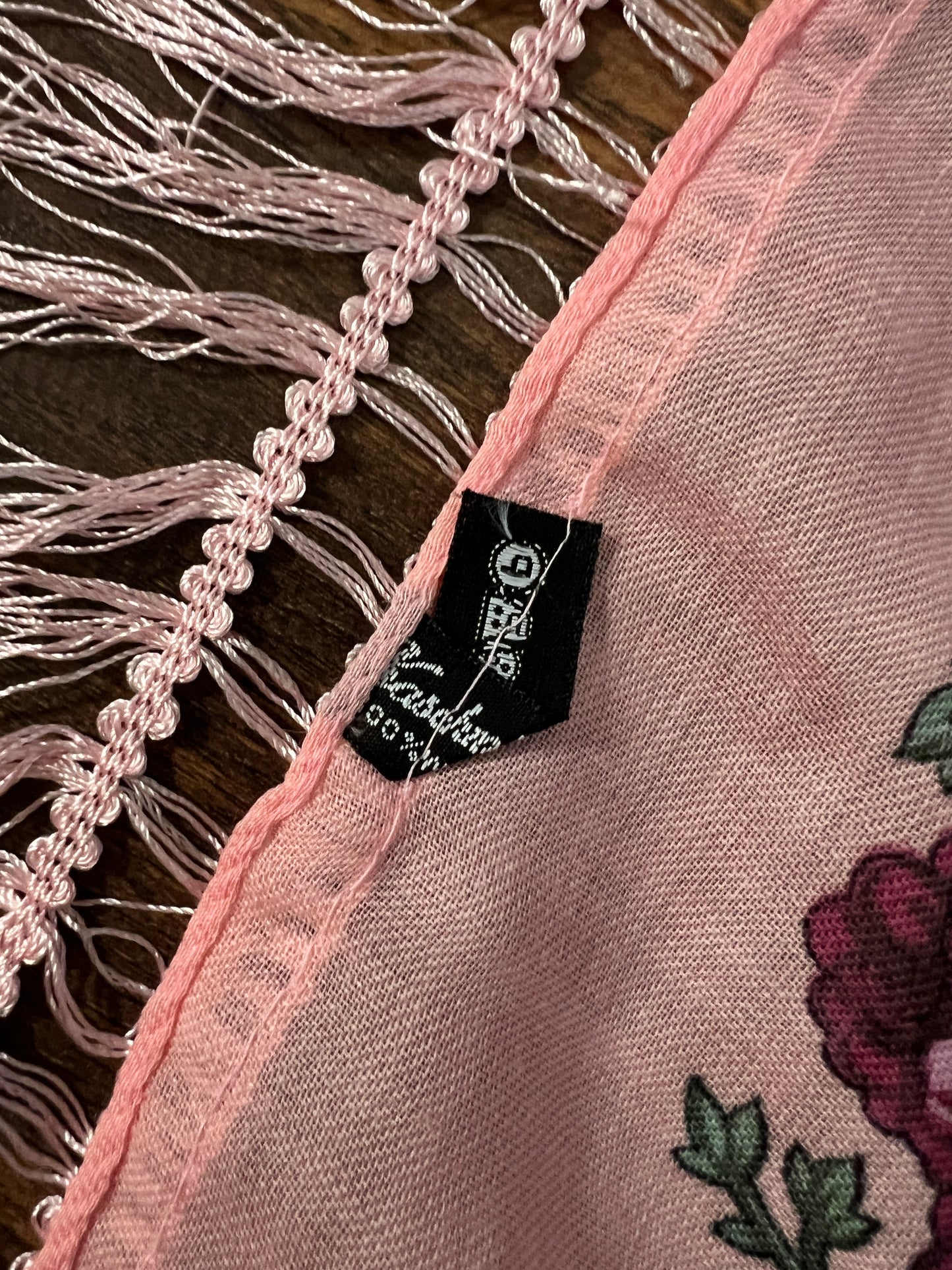 Vintage Kashmir Woole Floral Fringe Scarf - Pink Rose Square Wrap Bohemian Style