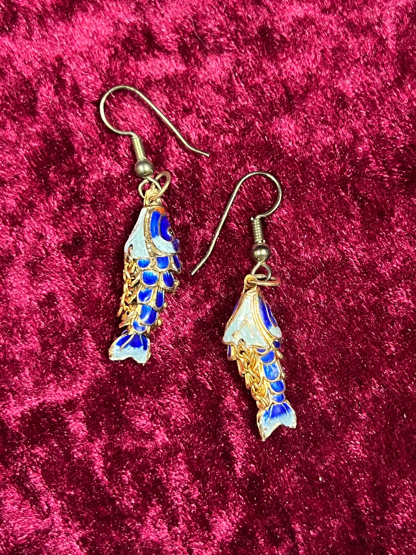Vintage Jewelry - Drop Earrings - Gold Tone Metal - Articulated Enamel Koi Fish