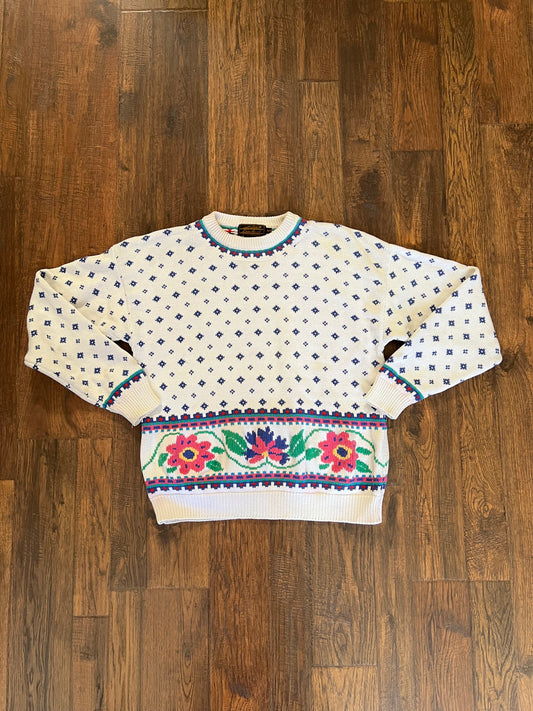 Vintage Clothing - Crewneck Knit Sweater - Pink Floral Banner - Medium - Eddie Bauer