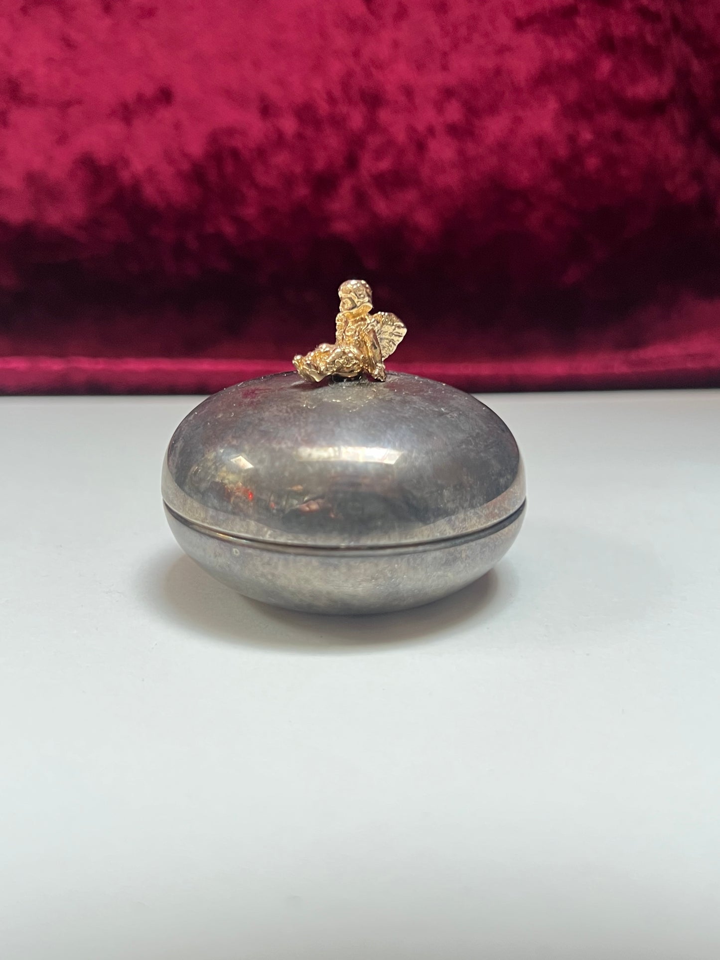 Vintage Trinket Box - Silver Plated Baby Teeth Keepsake - Gold Sitting Cherub