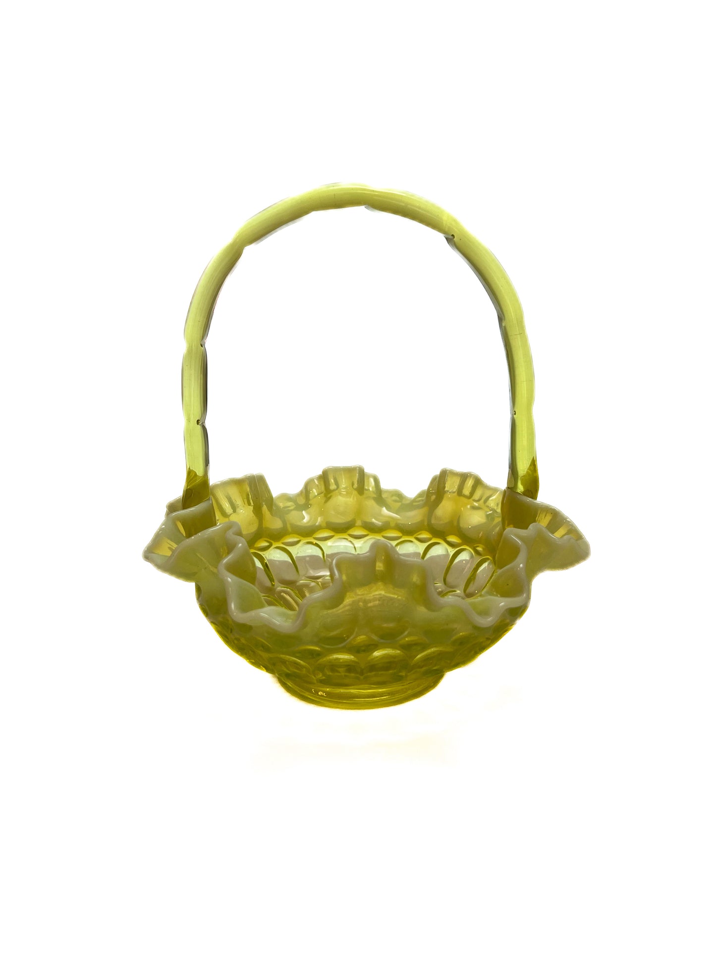 Vintage Art Glass - Thumbprint Basket - Opalescent Topaz Uranium - Fenton