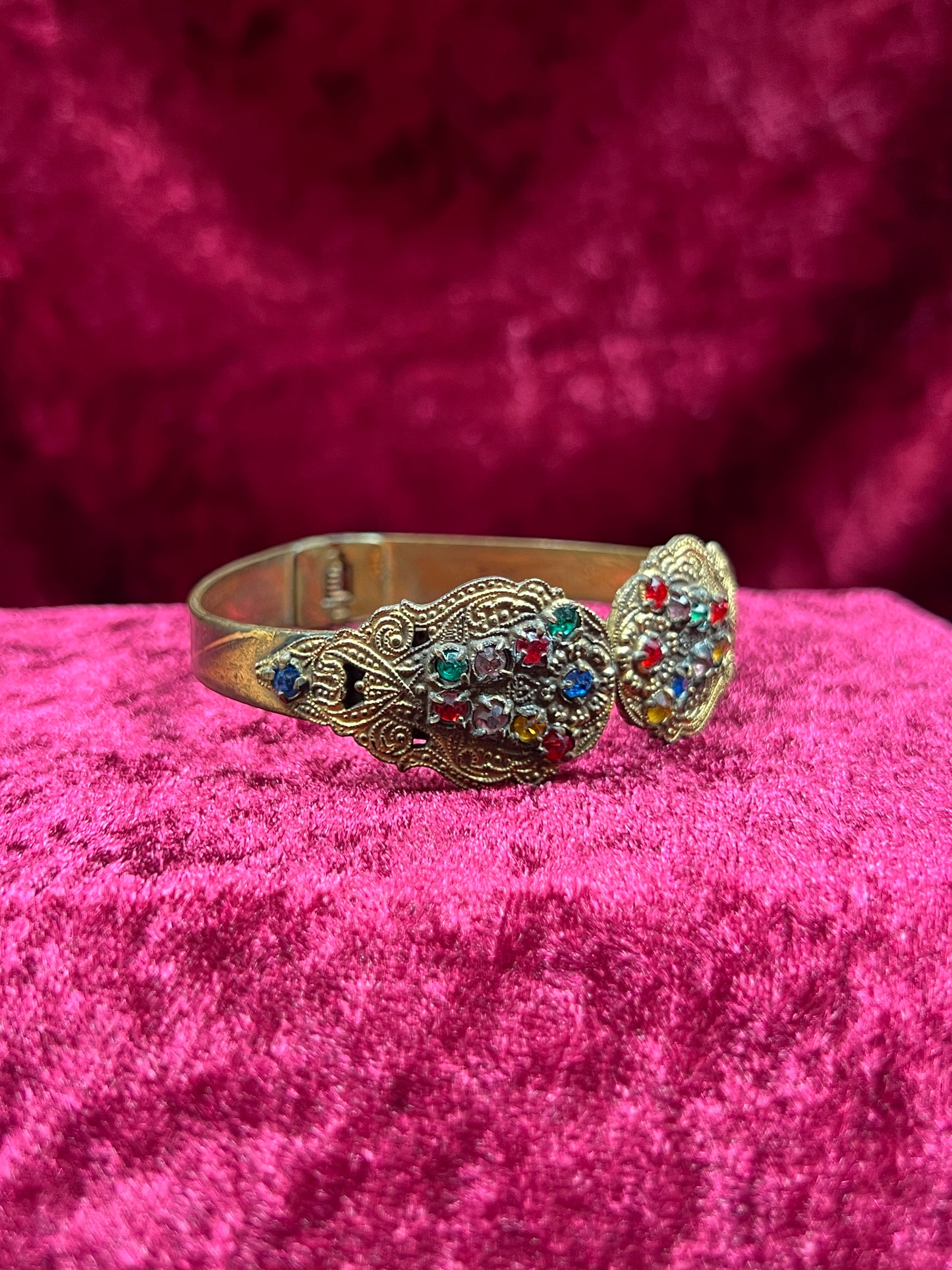 Vintage Jewelry - Hinged Bangle Bracelet - Multicolor Rhinestones in Ornate Brass Setting