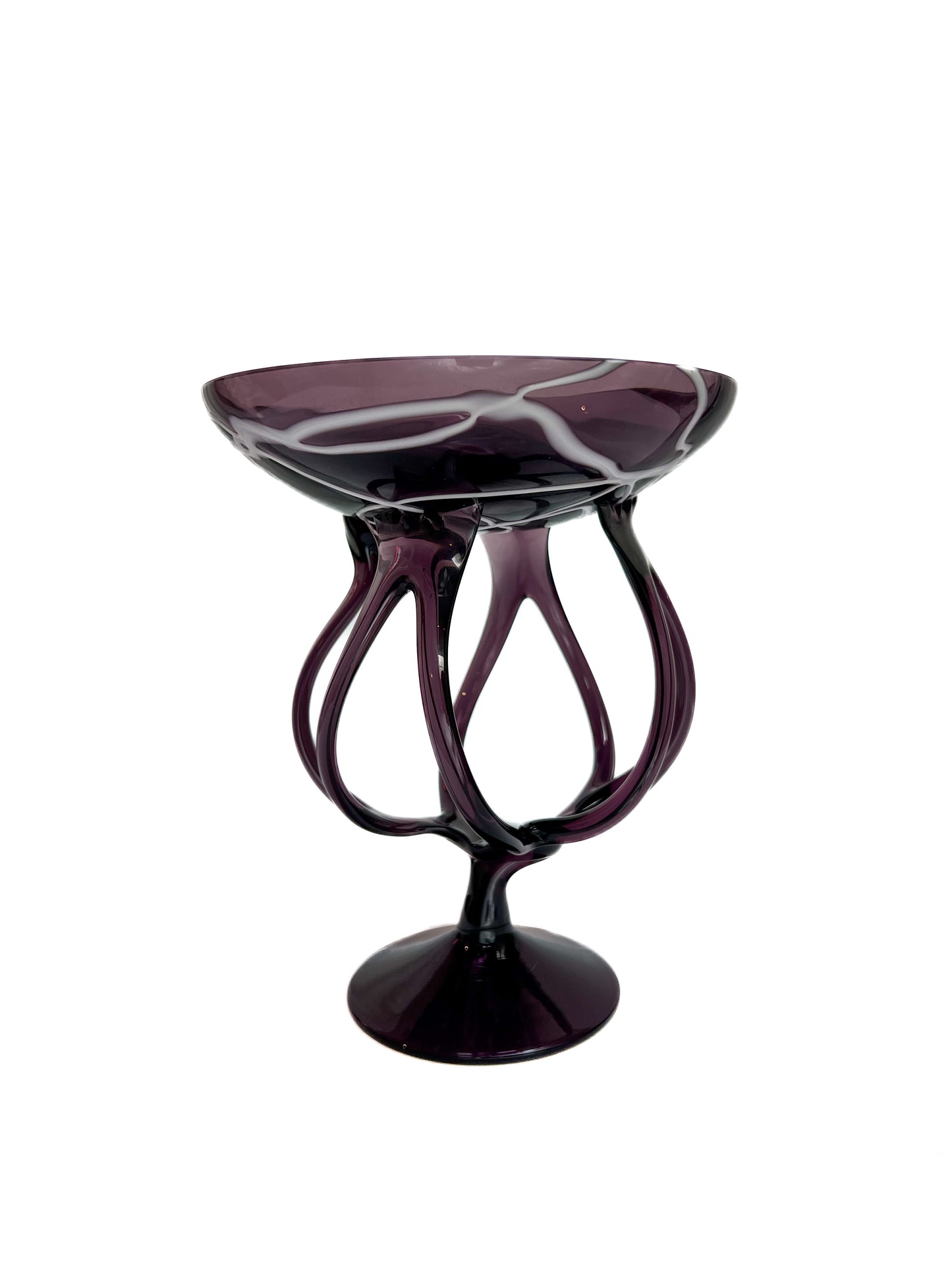 Vintage Art Glass - Jellyfish Pedestal Bowl - Amethyst and White - Makora - Made In Poland