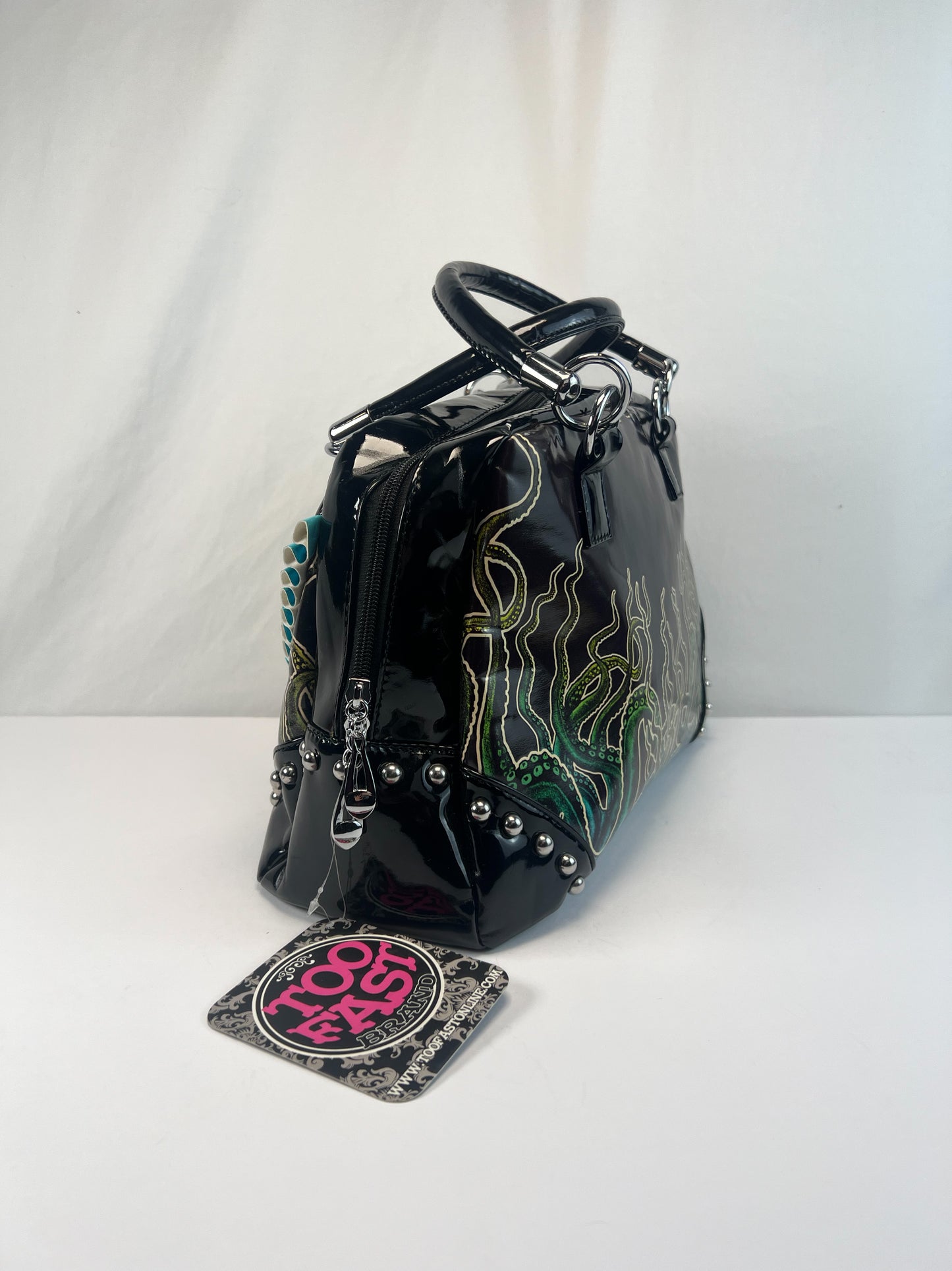 Vintage Purse - Y2K Mini Barrel Tote Bag - Black PVC - Octopus Tentacles - Too Fast Brand