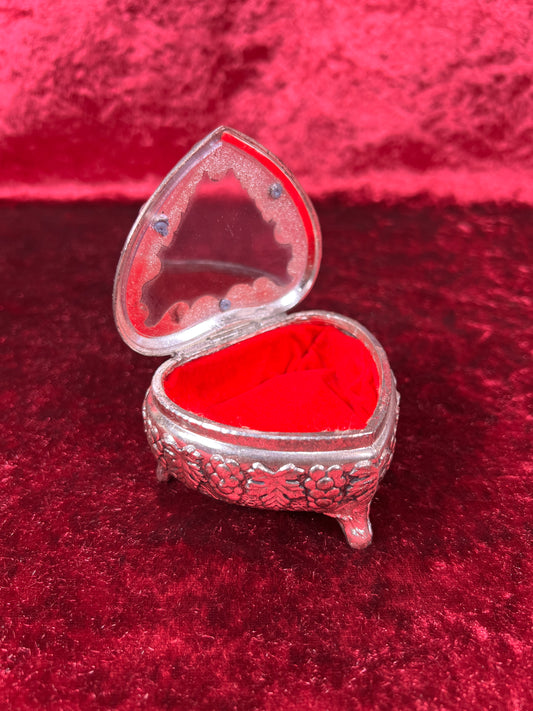 Vintage Vanity - Heart Shaped Jewelry Box - Ornate Silver Grapevine Filigree - Red Velvet Lining - Footed