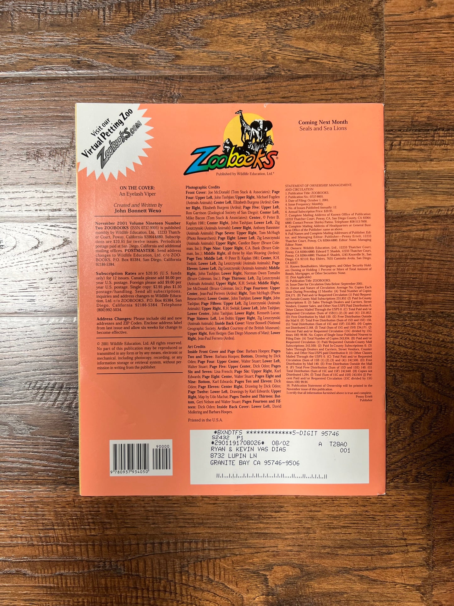 Vintage Ephemera - Magazine - Zoobooks - Snakes - November 2001