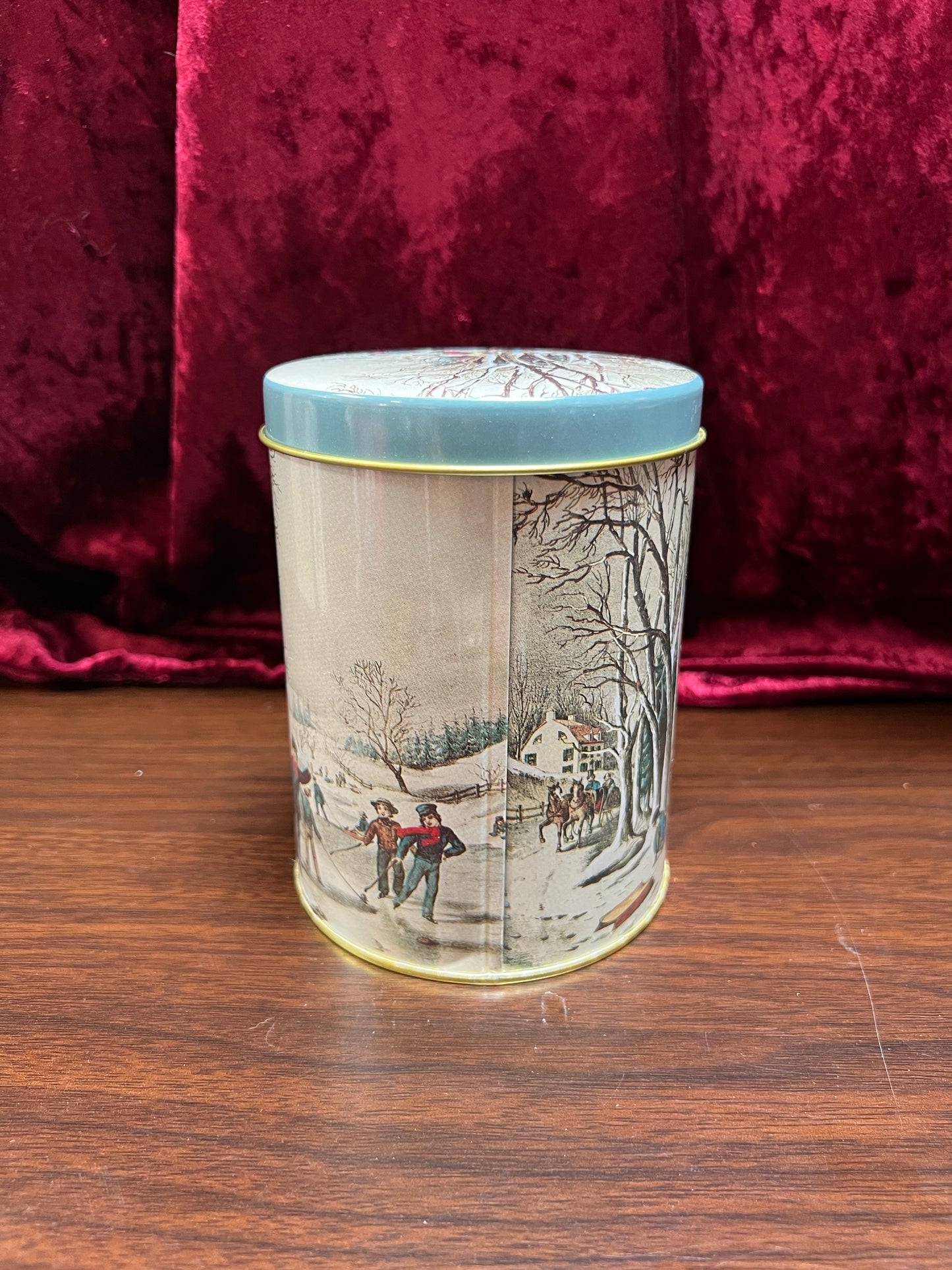 Vintage Christmas - Metal Nesting Tin Canister Set - Old New England Winter Scene - Made In Taiwan R.O.C.