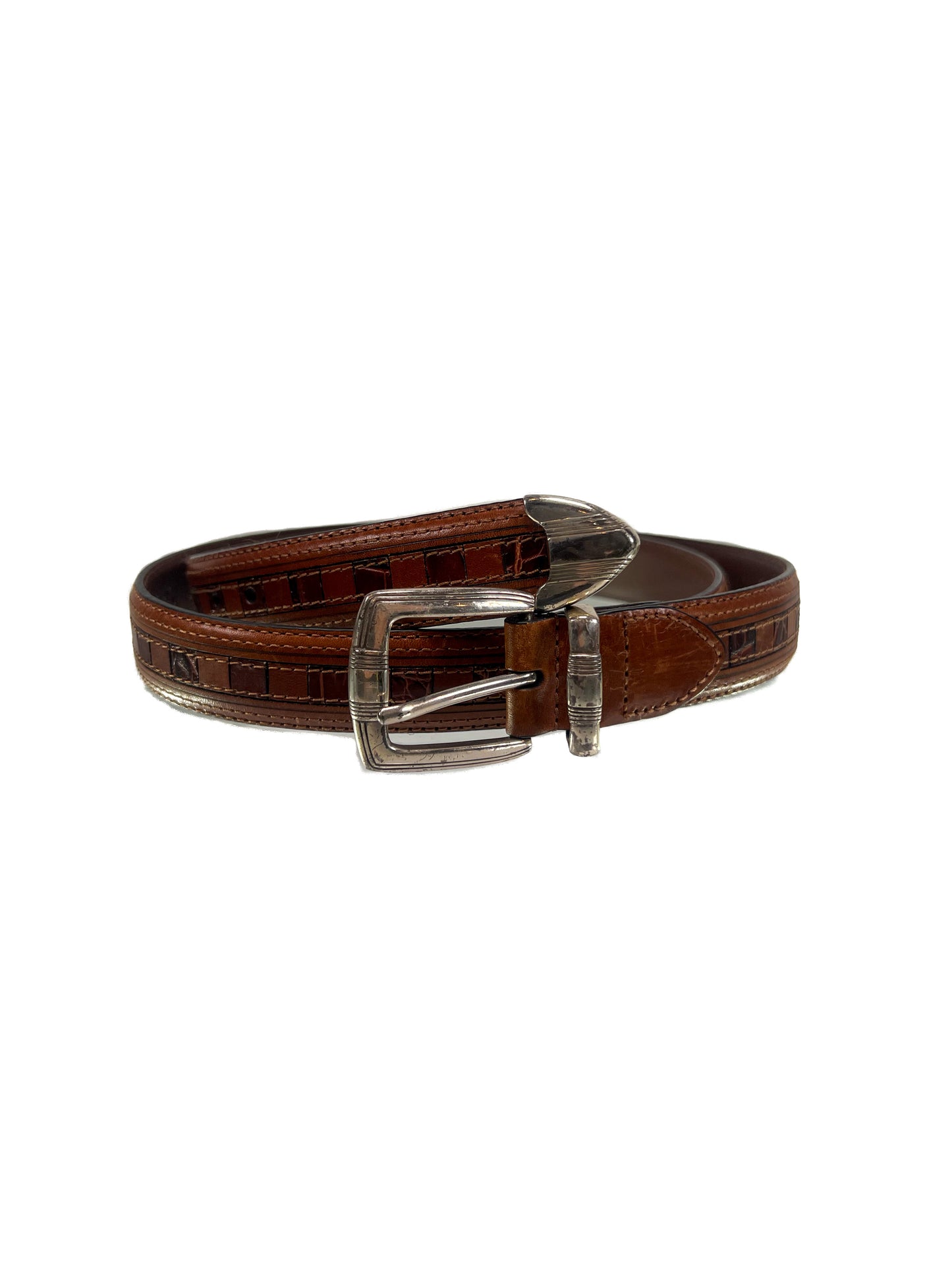 Vintage Accessories - Brown Leather Belt with Embossed Square Design - Silver Hardware - PGA Tour