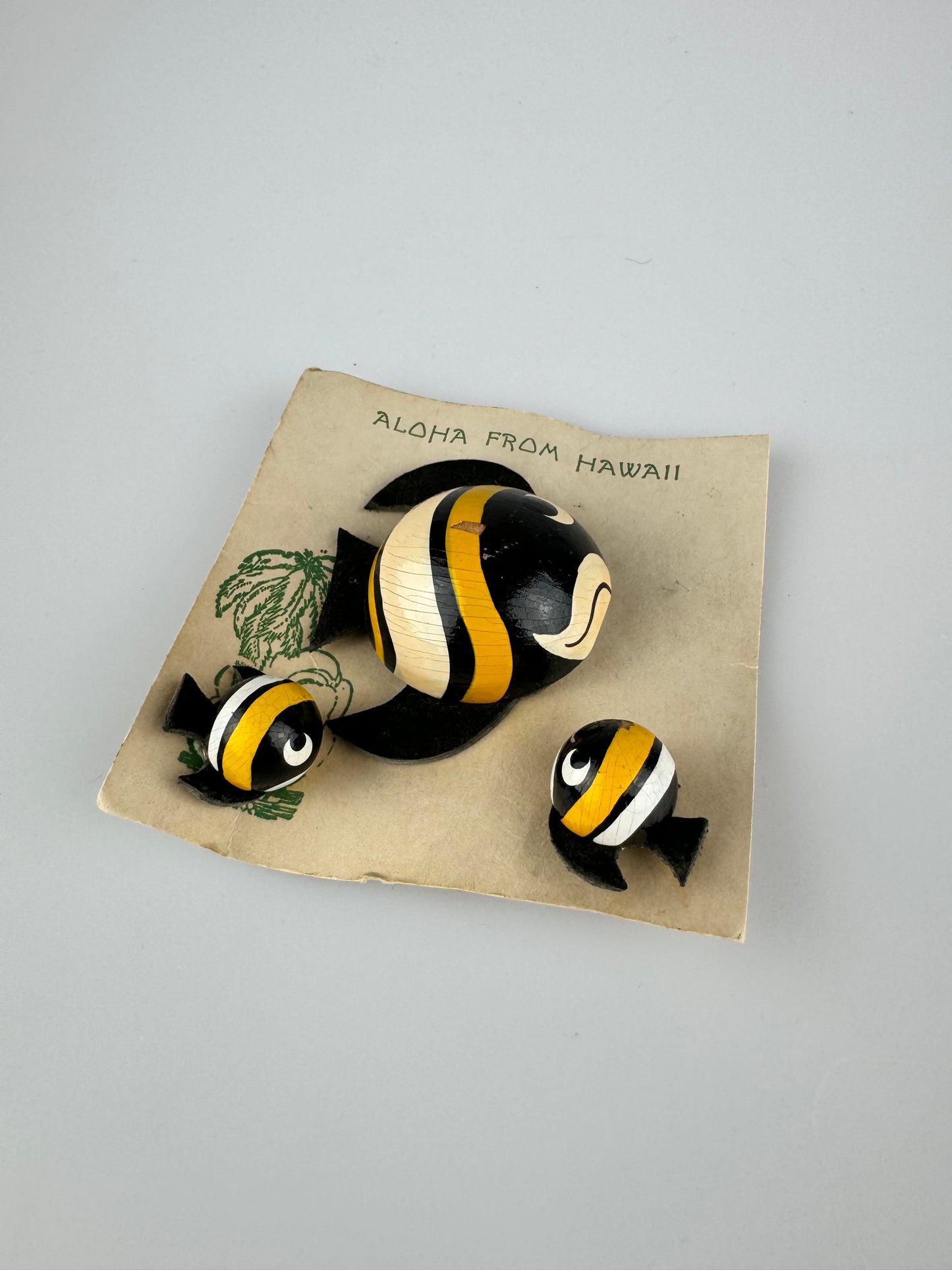Vintage Aloha From Hawaii Painted Wood Fish Jewelry Set - Earrings and Brooch Set