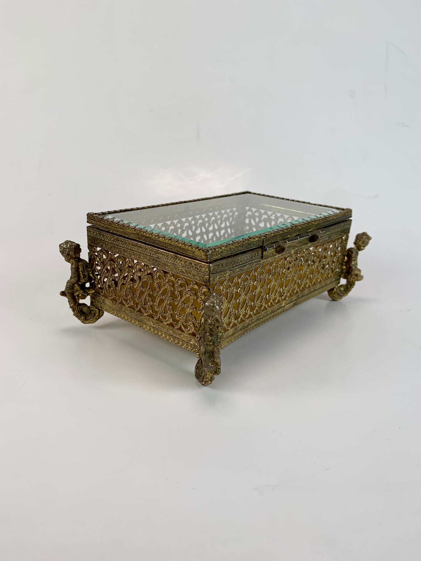 Vintage Jewelry Casket - Ormolu Felt Lined Box with Beveled Glass - Cherub Feet