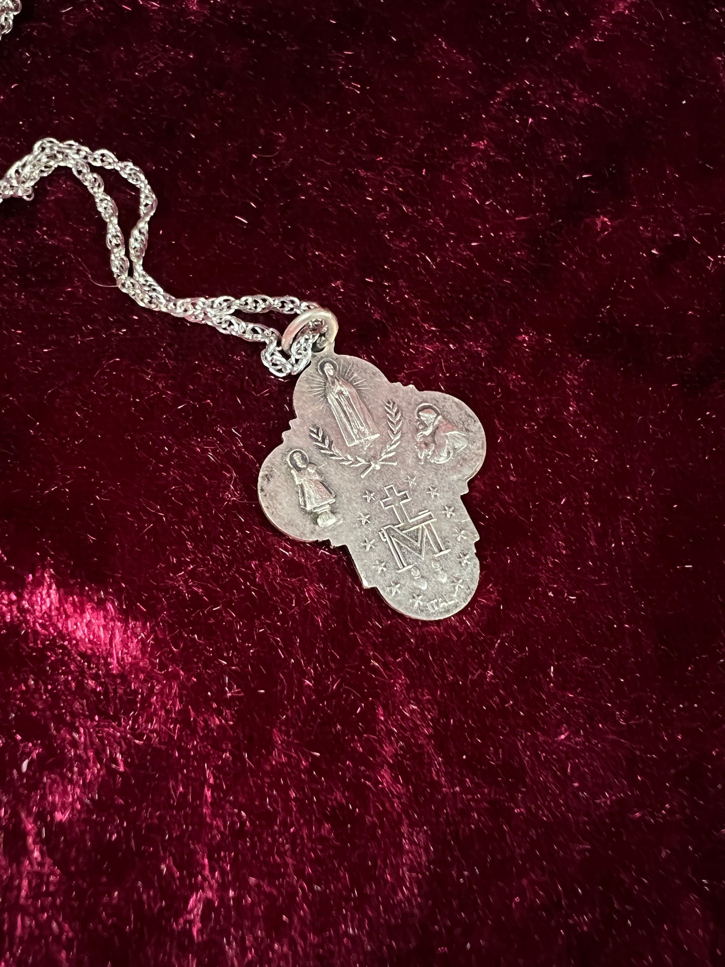 Vintage Silver Plated Religious Medal Pendant - Mother Mary and The Holy Trinity Cross