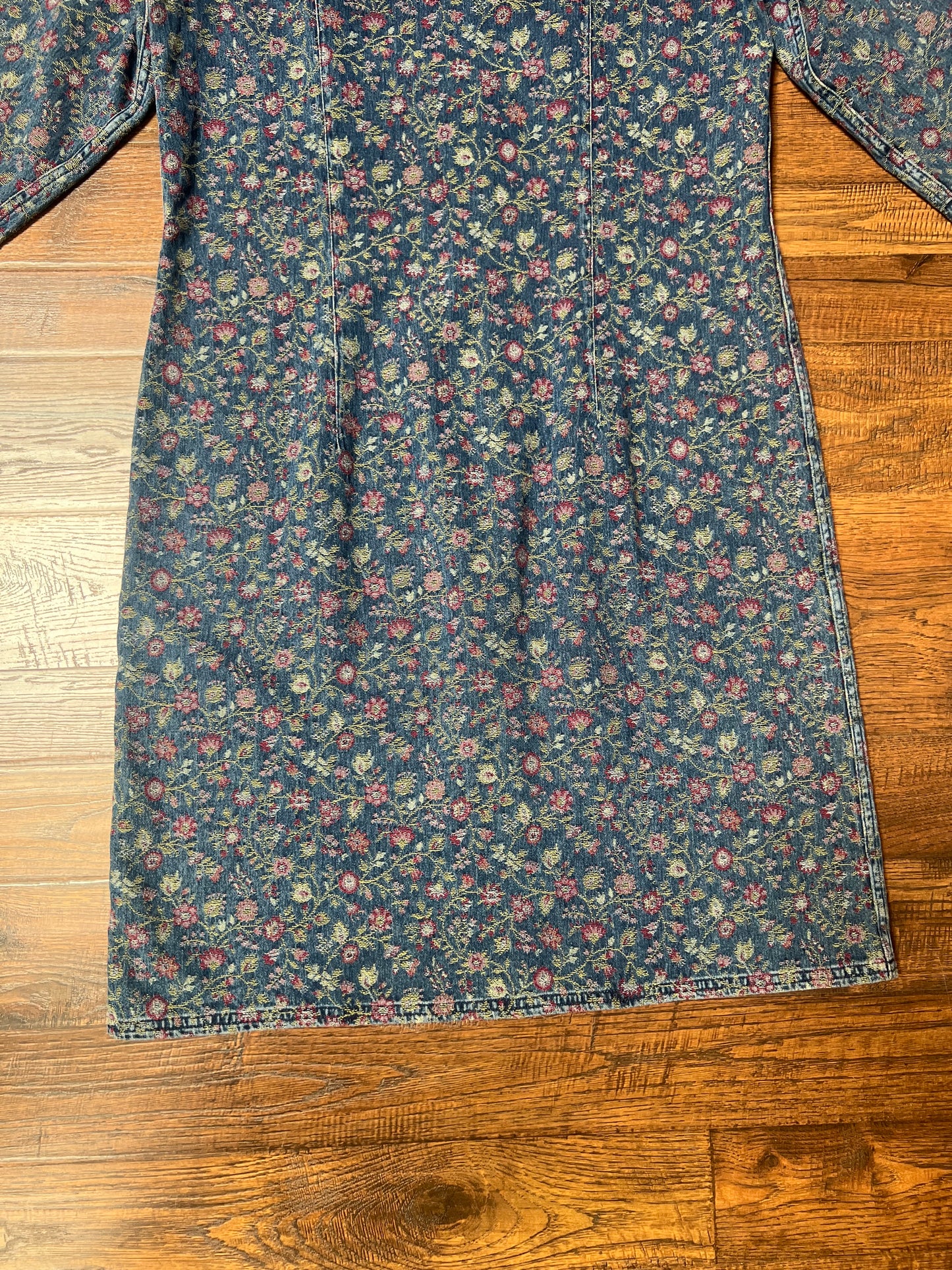 Vintage Clothing - Jacket - Blue Floral Denim Button Up Jacquard Long Shirt Dress - The Territory Ahead - Size 12