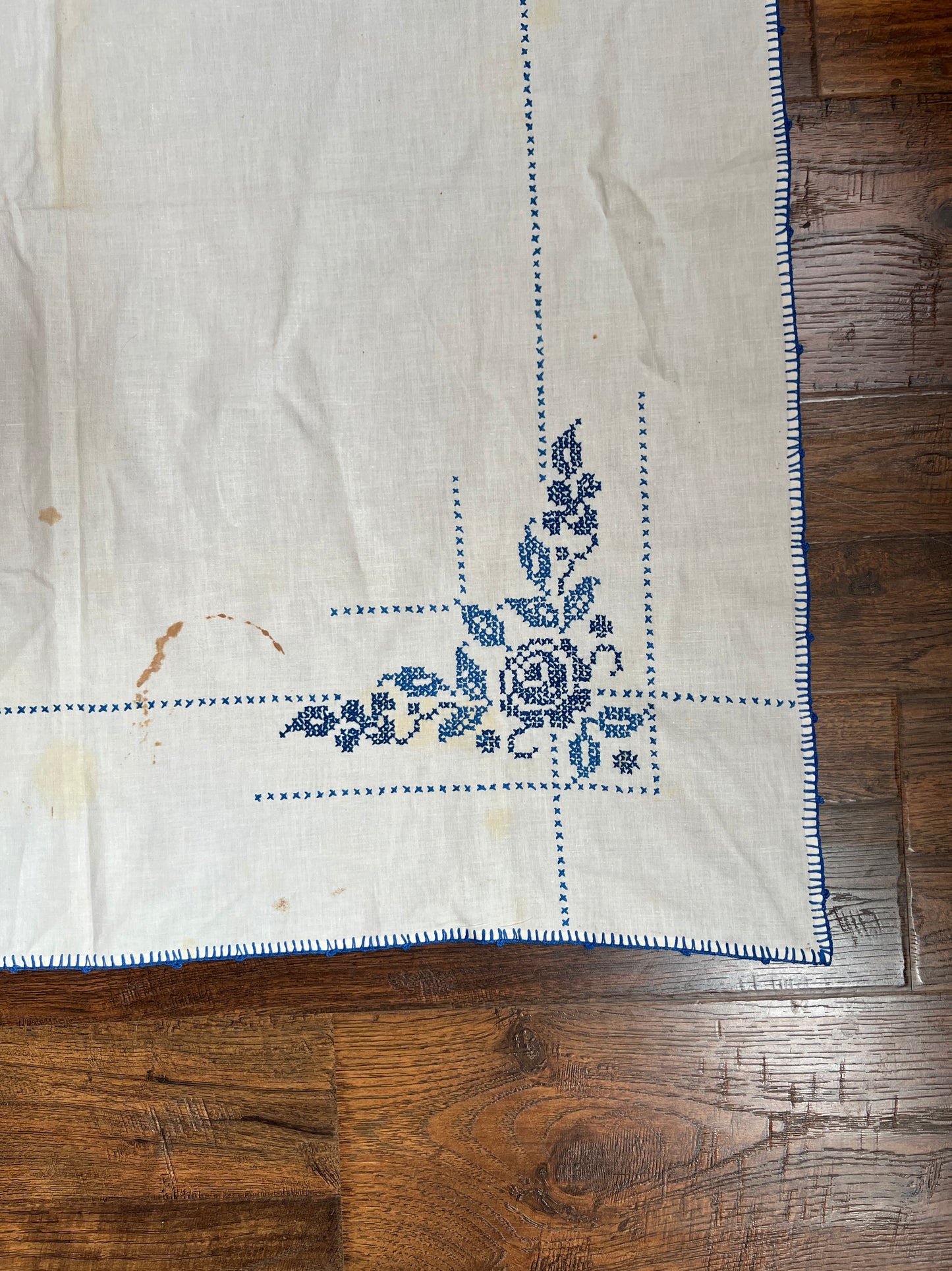 Vintage Linens - Square Tablecloth - Embroidered Blue Roses - 40” X 39.5”