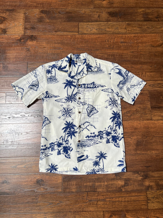 Vintage Clothing - Short Sleeve Hawaiian Shirt - Navy Blue Nautical Chart on White - Aloha Republic - Small