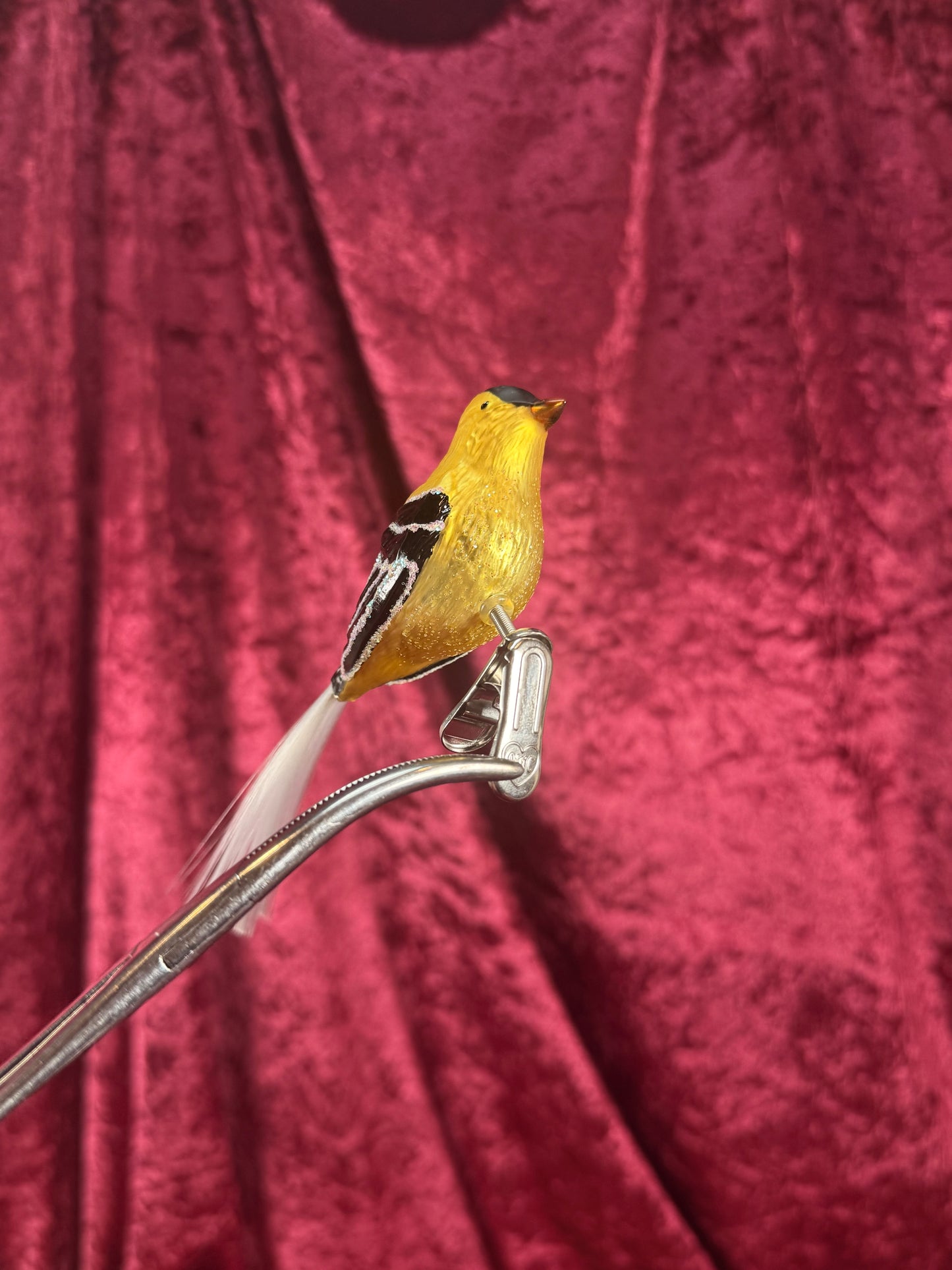 Vintage Christmas - Handblown Glass Clip On Ornament - Yellow Chickadee with Nylon Hair Tail