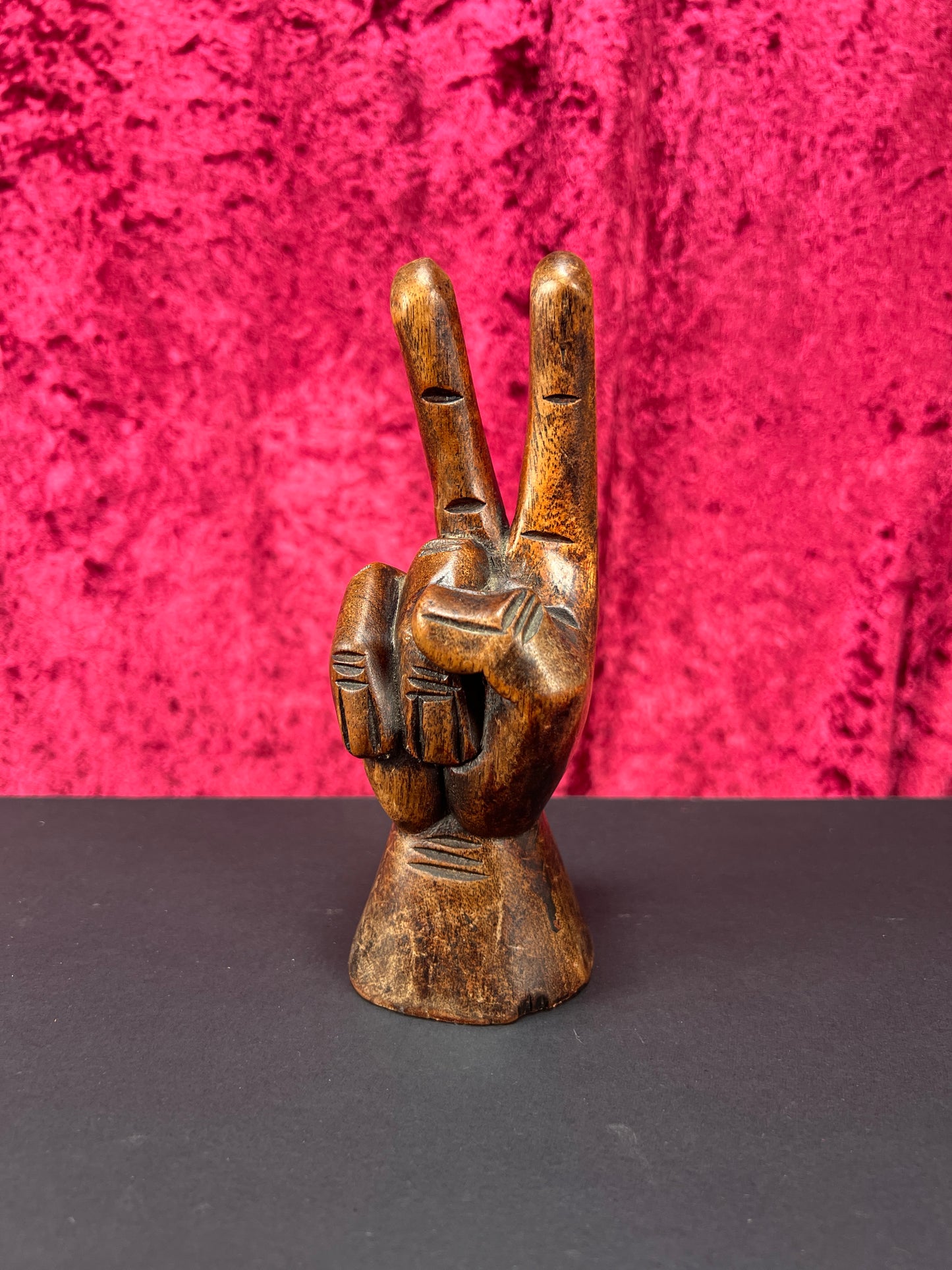 Vintage Oddities - Hand Carved Wood Statue - Hippy Hand Peace Sign