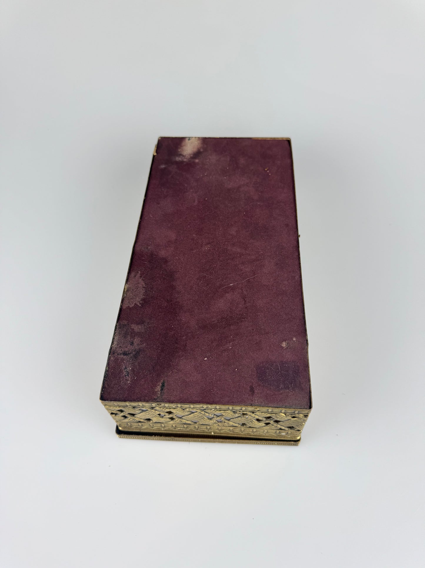 Vintage Brass Decor - Rectangular Tissue Box - Basket Weave - Velvet Bottom