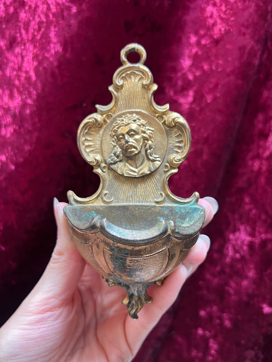 Vintage Religo - Holy Water Font - Jesus Christ in Thorned Crown - Brass