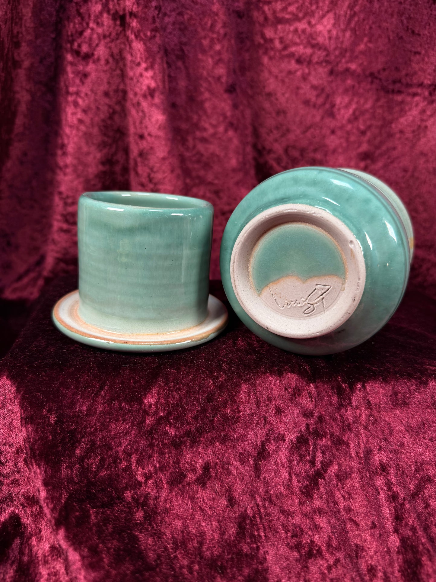 Vintage Ceramic French Crock Style Butter Bell – Muted Turquoise Glaze