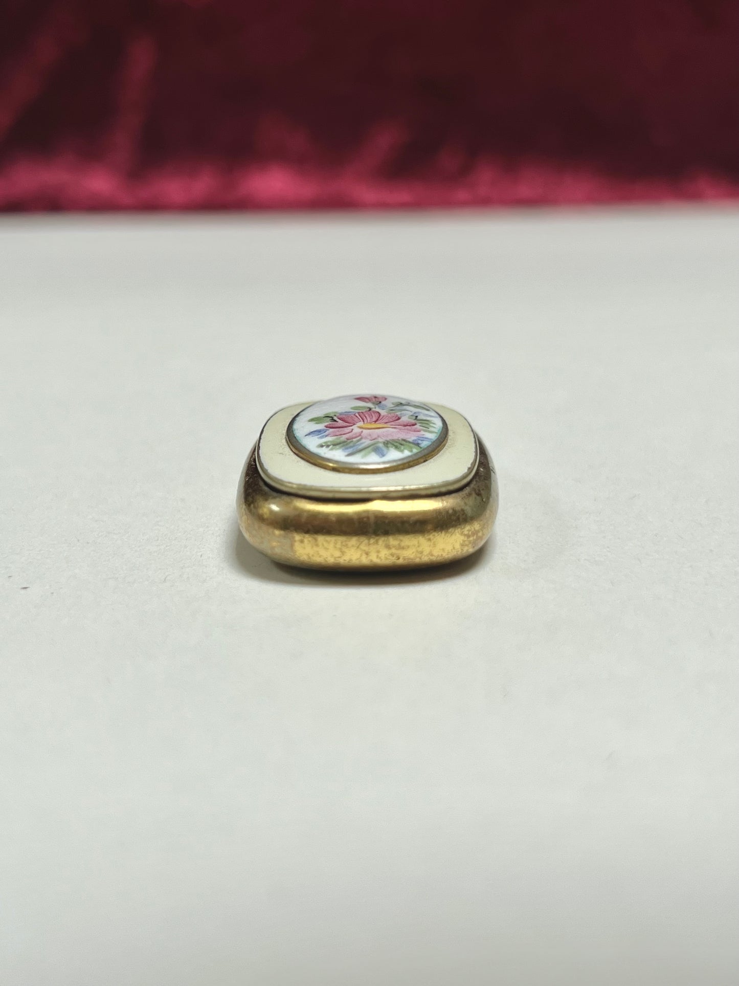 Vintage Trinket Box - Brass Pill Box - Hand Painted Pink Floral Design