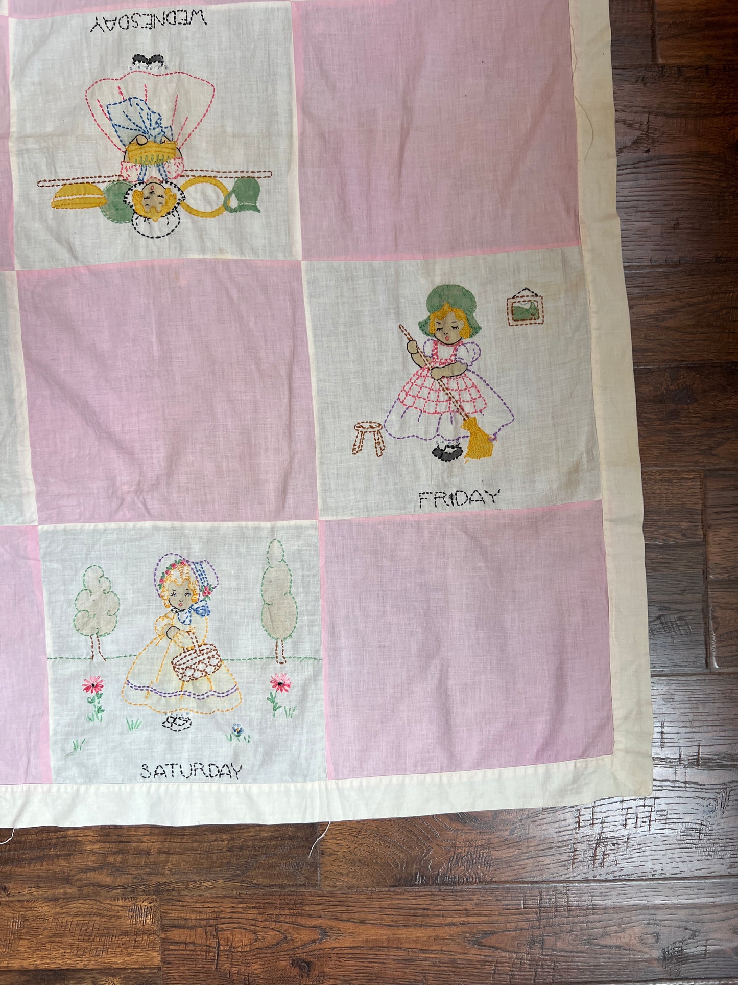 Vintage Linens - Patchwork Wall Hang / Quilt Topper - Days Of The Week in Pink