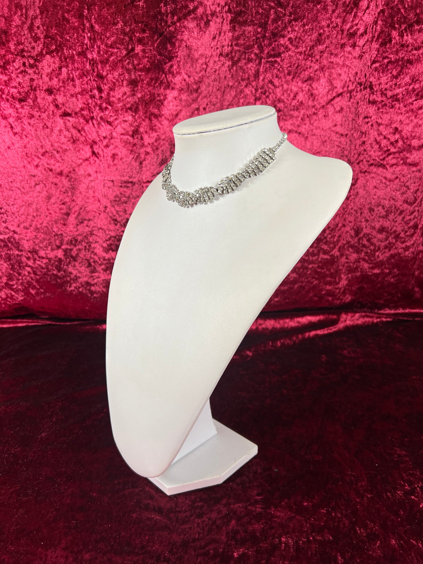 Vintage Jewelry - Collar / Choker Necklace - Silver Tone Metal - Braided Clear Rhinestones - 17.5”