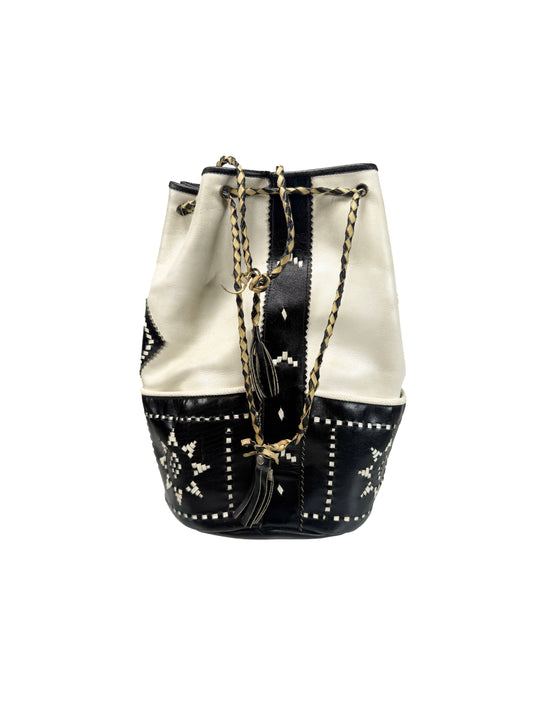Vintage Purse - Black and White Leather Bucket Bag - Large