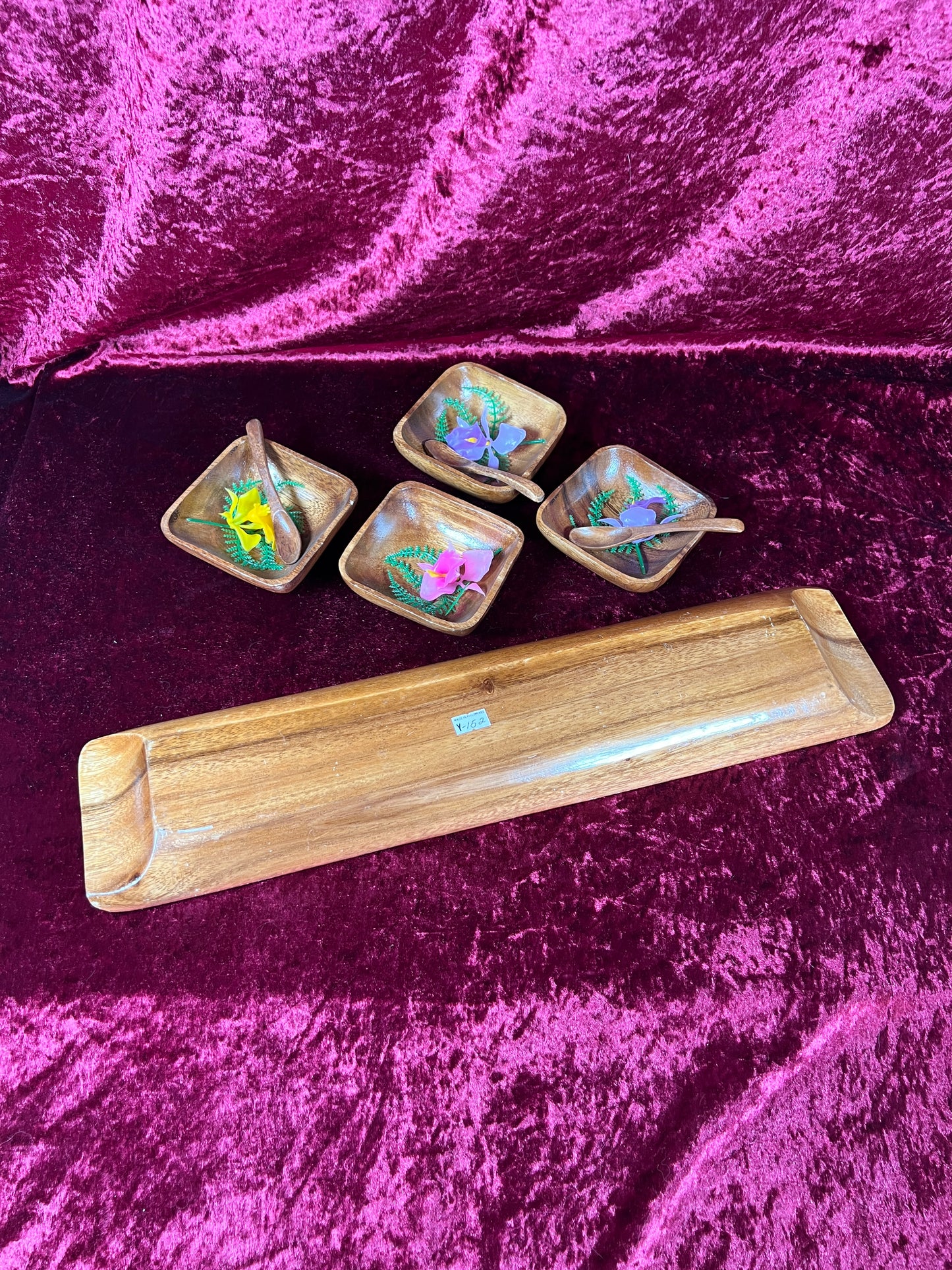 Vintage Kitchen - Tiki Teakwood Snack Tray with Sauce Bowls and Spoons