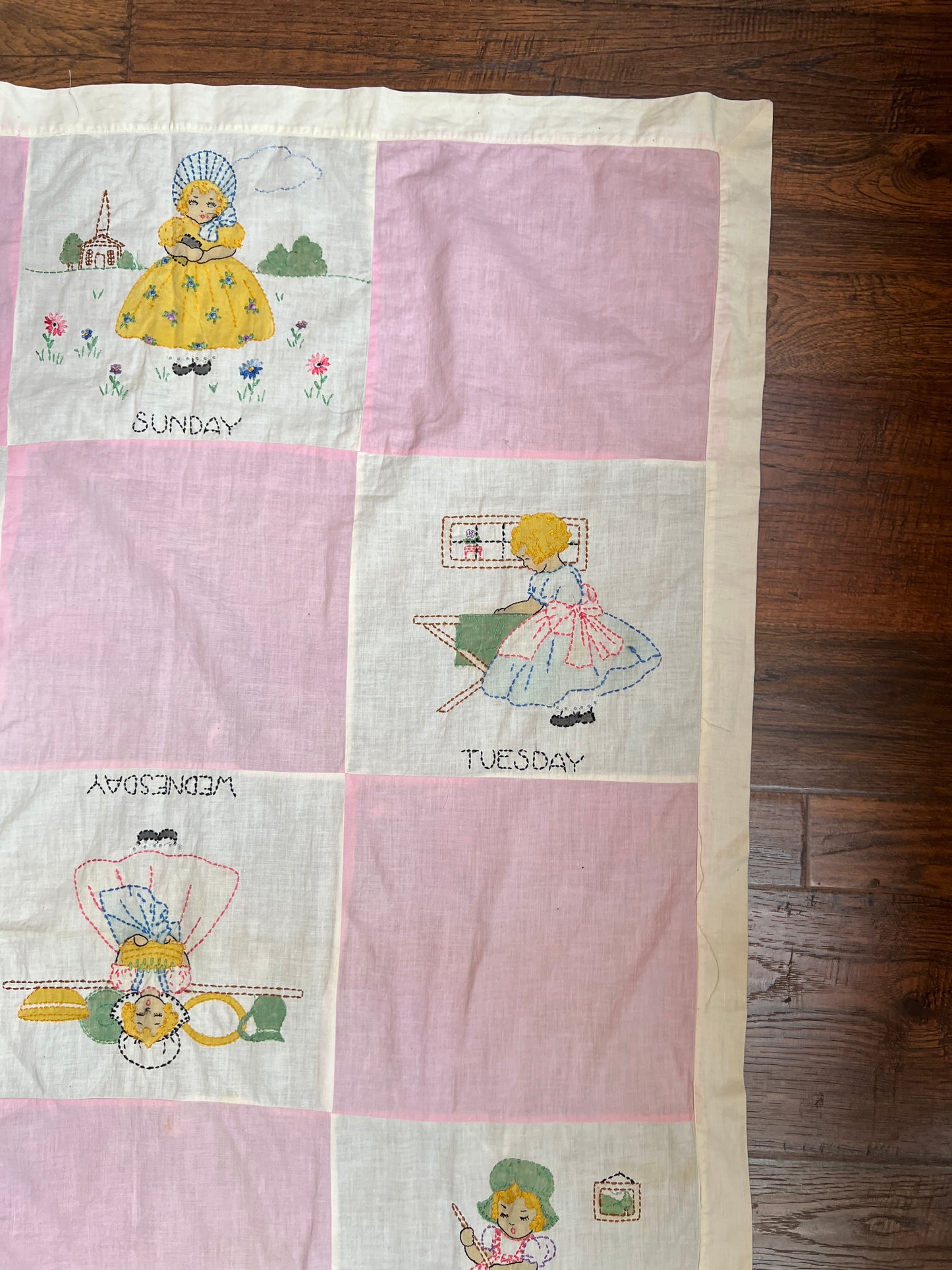 Vintage Linens - Patchwork Wall Hang / Quilt Topper - Days Of The Week in Pink