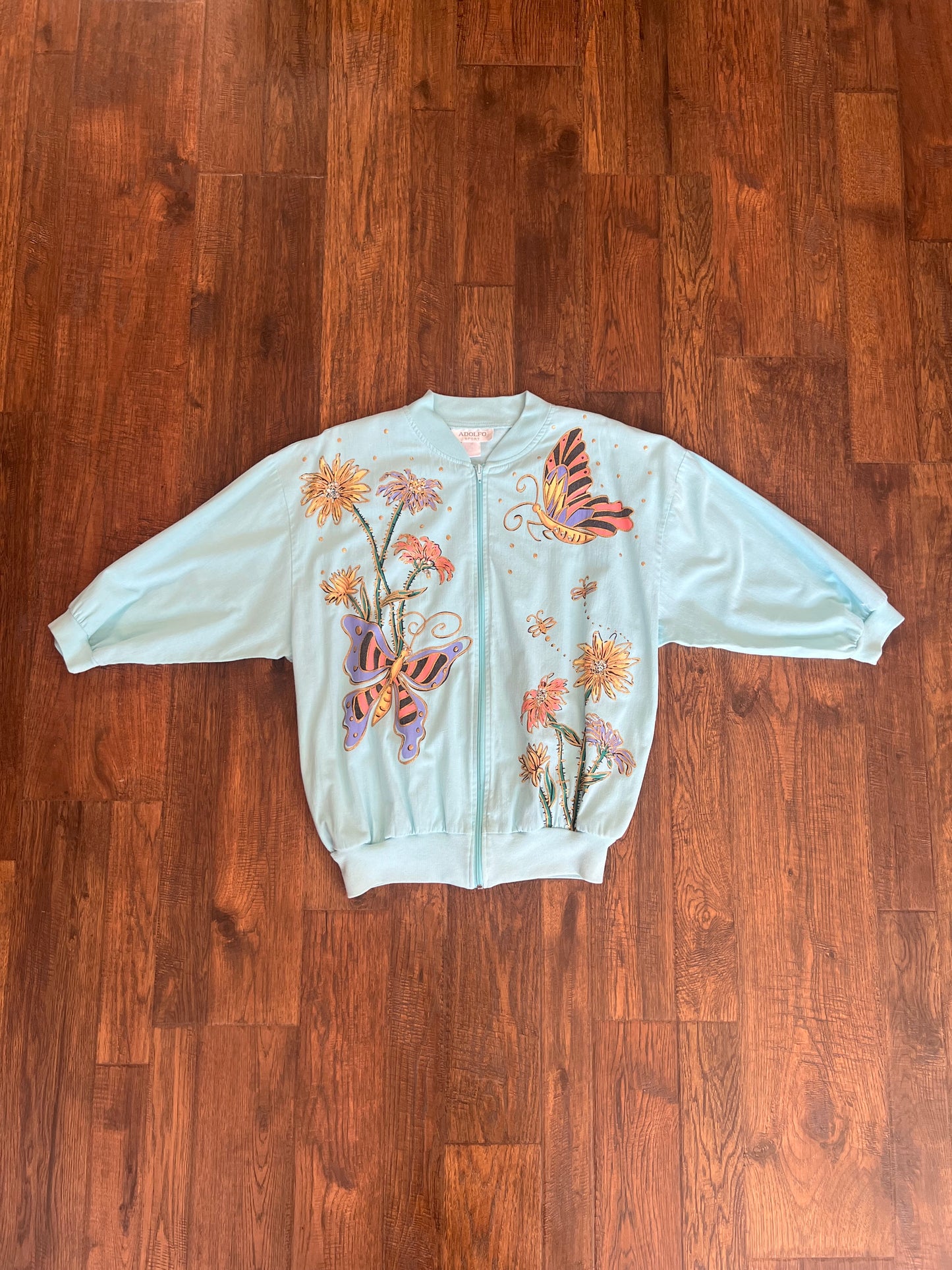Vintage Clothing - Zip Up Sweatshirt - Wiggy Butterflies & Flowers - Light Blue - Adolfo Sport - Medium