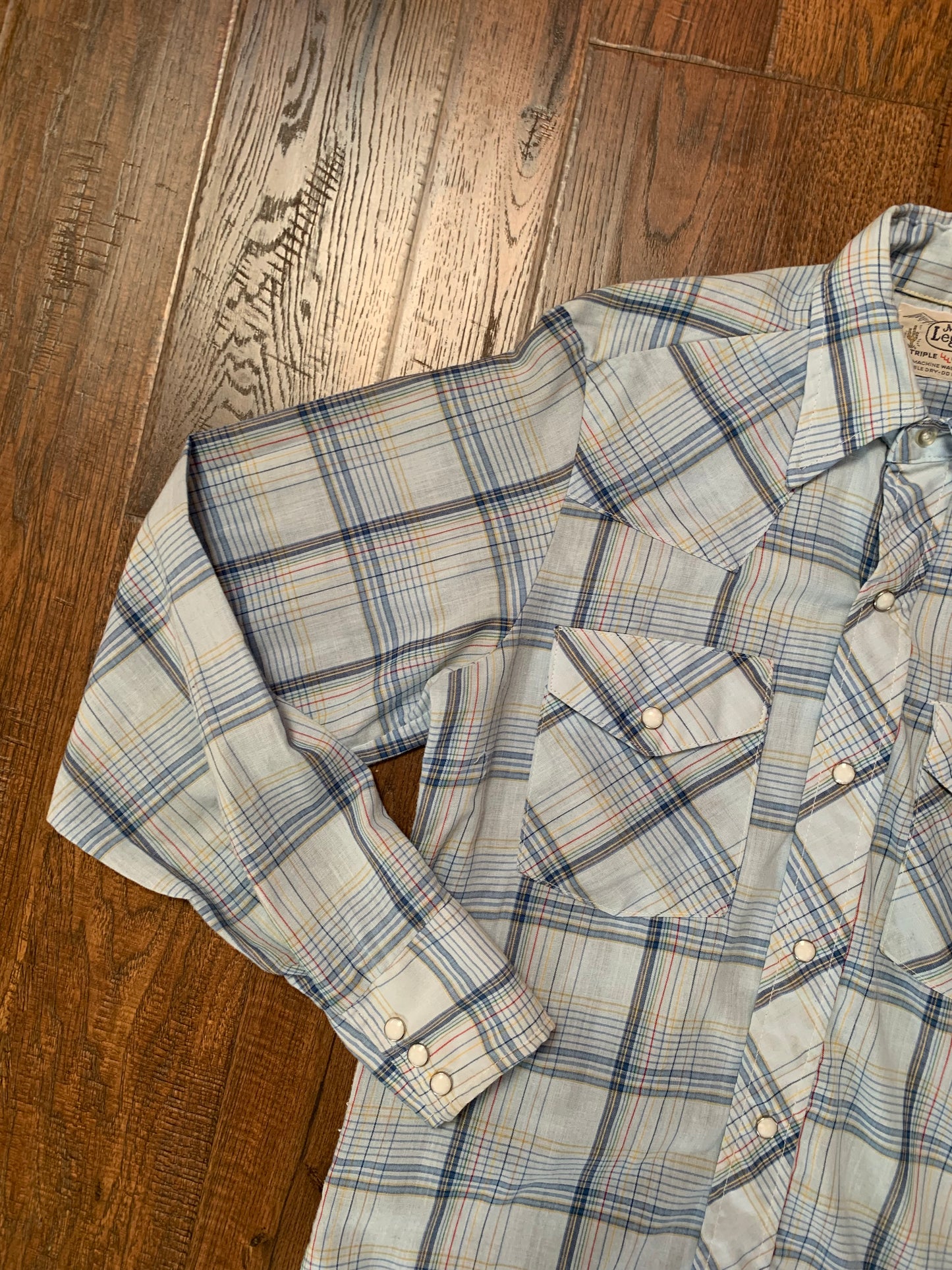 Vintage 1970s Mr. Leggs Pearl Snap Button Up Shirt - Light Blue Plaid - Small - Made In USA