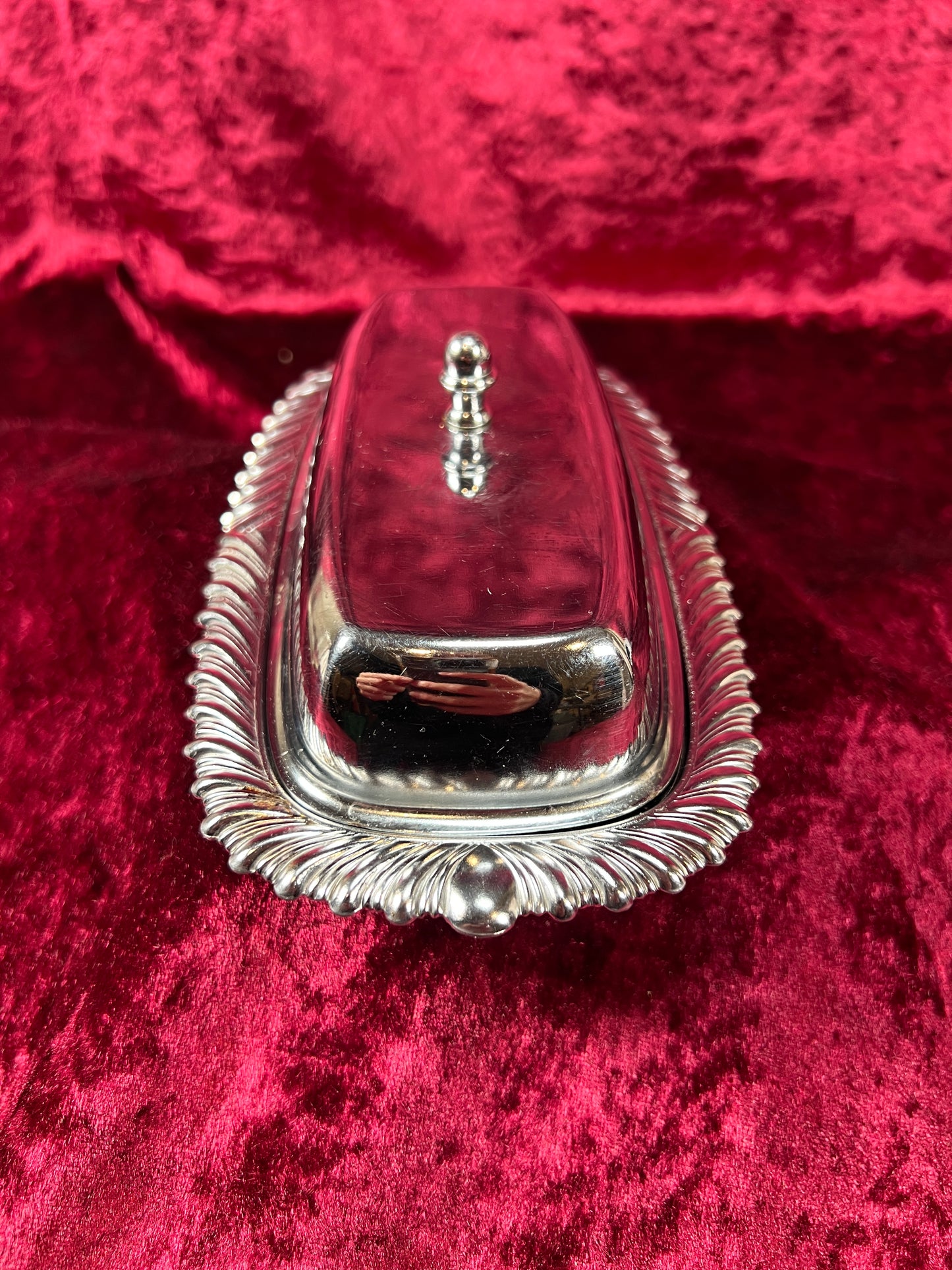 Vintage Kitchen - Covered Butter Dish - Silver Metal with Glass Insert - Ornate Edging