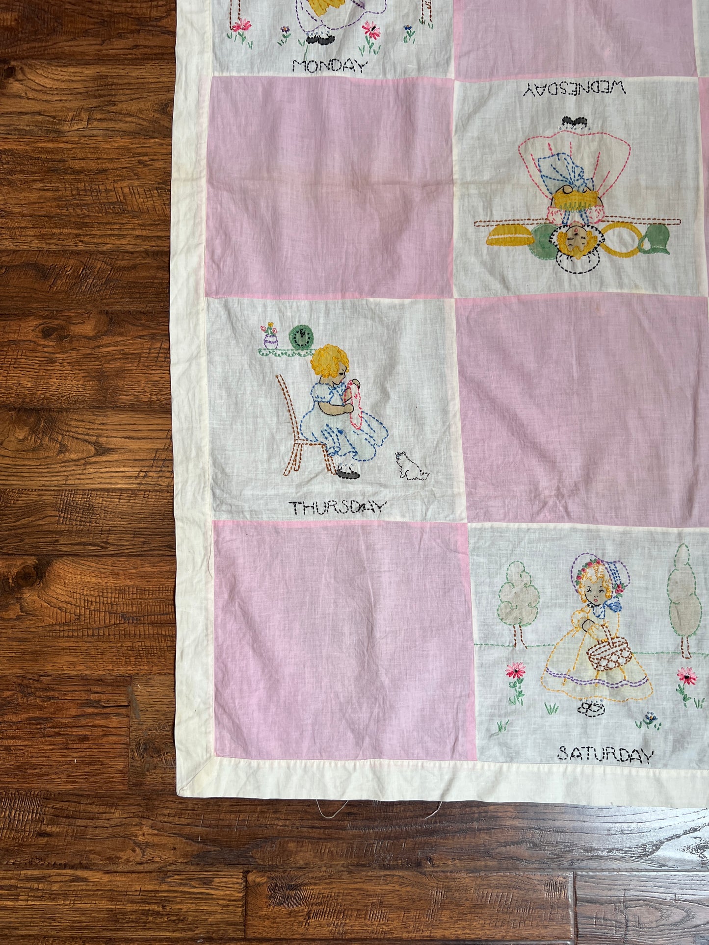Vintage Linens - Patchwork Wall Hang / Quilt Topper - Days Of The Week in Pink