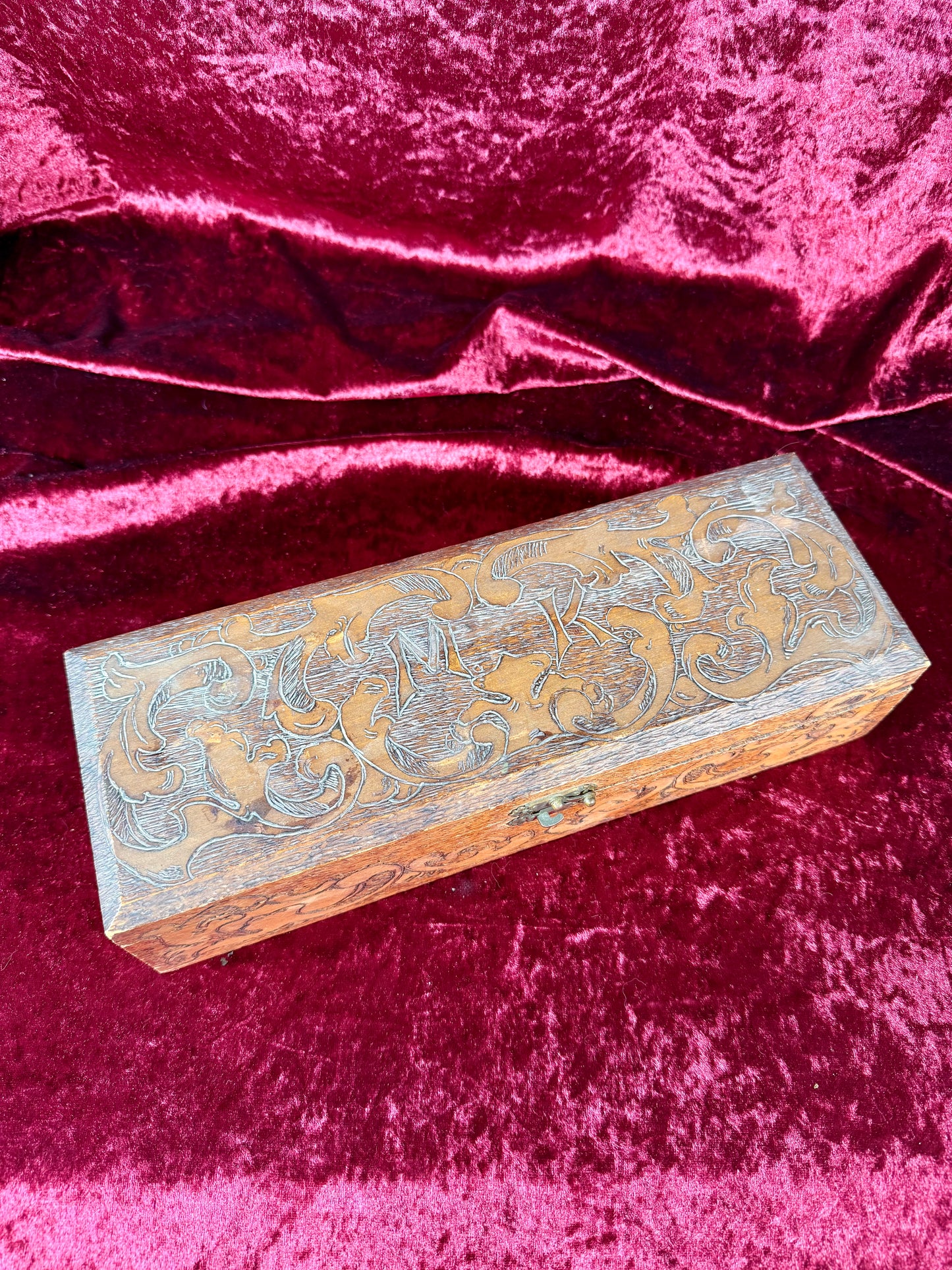 Antique Box - Hand Carved Flemish Pyrography Wood Glove Box