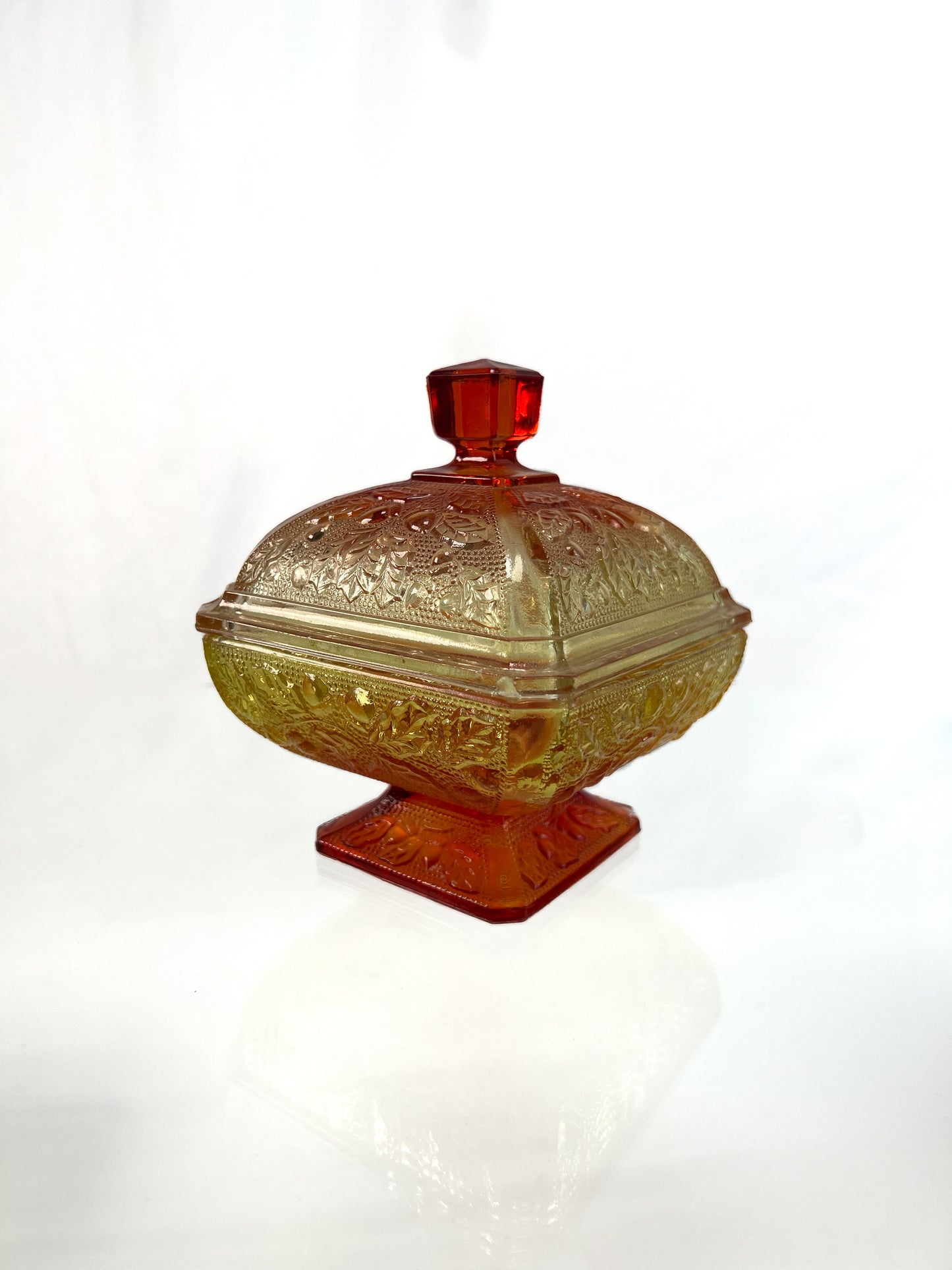 Vintage Kitchen - Lidded Candy Dish - Amberina Carnival Glass - Red / Yellow