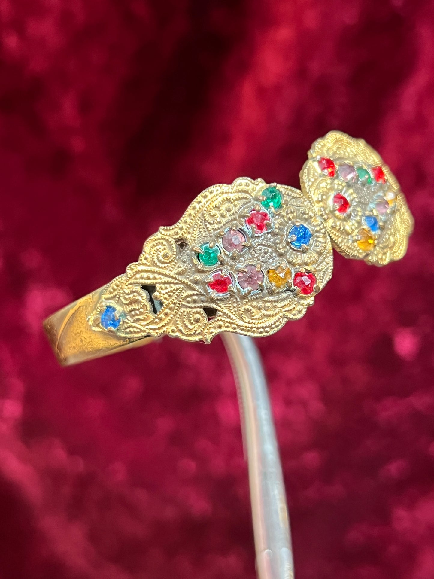 Vintage Jewelry - Hinged Bangle Bracelet - Multicolor Rhinestones in Ornate Brass Setting
