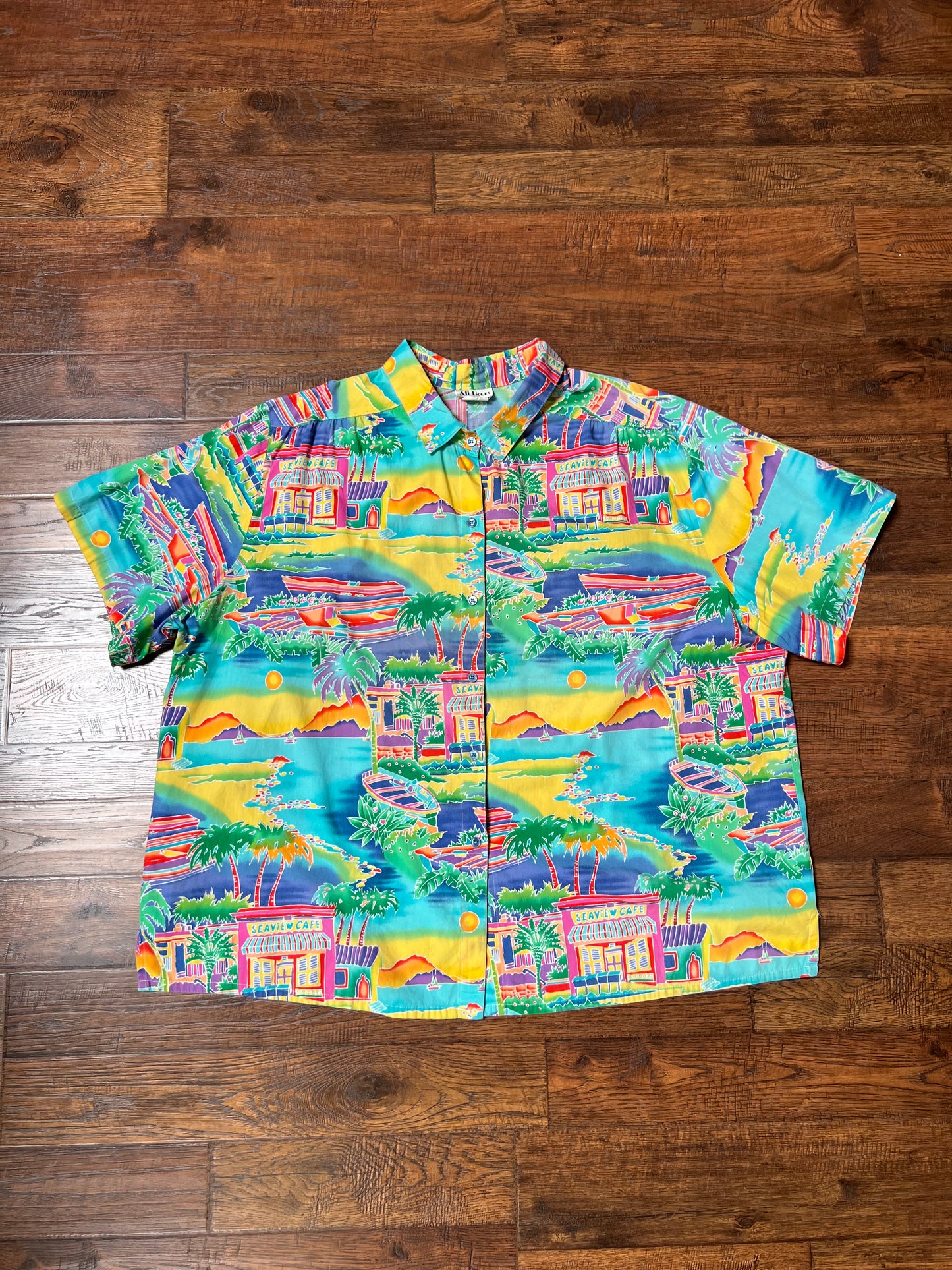 Vintage Clothing - Short Sleeve Hawaiian Shirt - Colorful Sea View Cafe Novelty Print - All Hours - 2X-Large