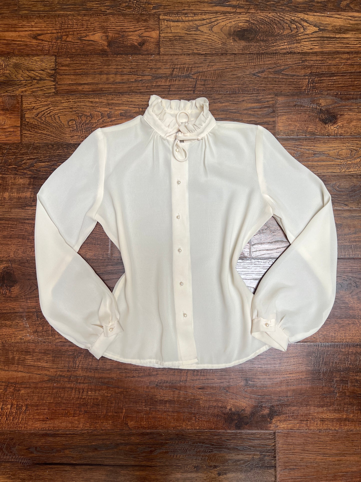 Vintage Clothing - Semi-Sheer Button Front Blouse - Frilly Collar - Cream - Small