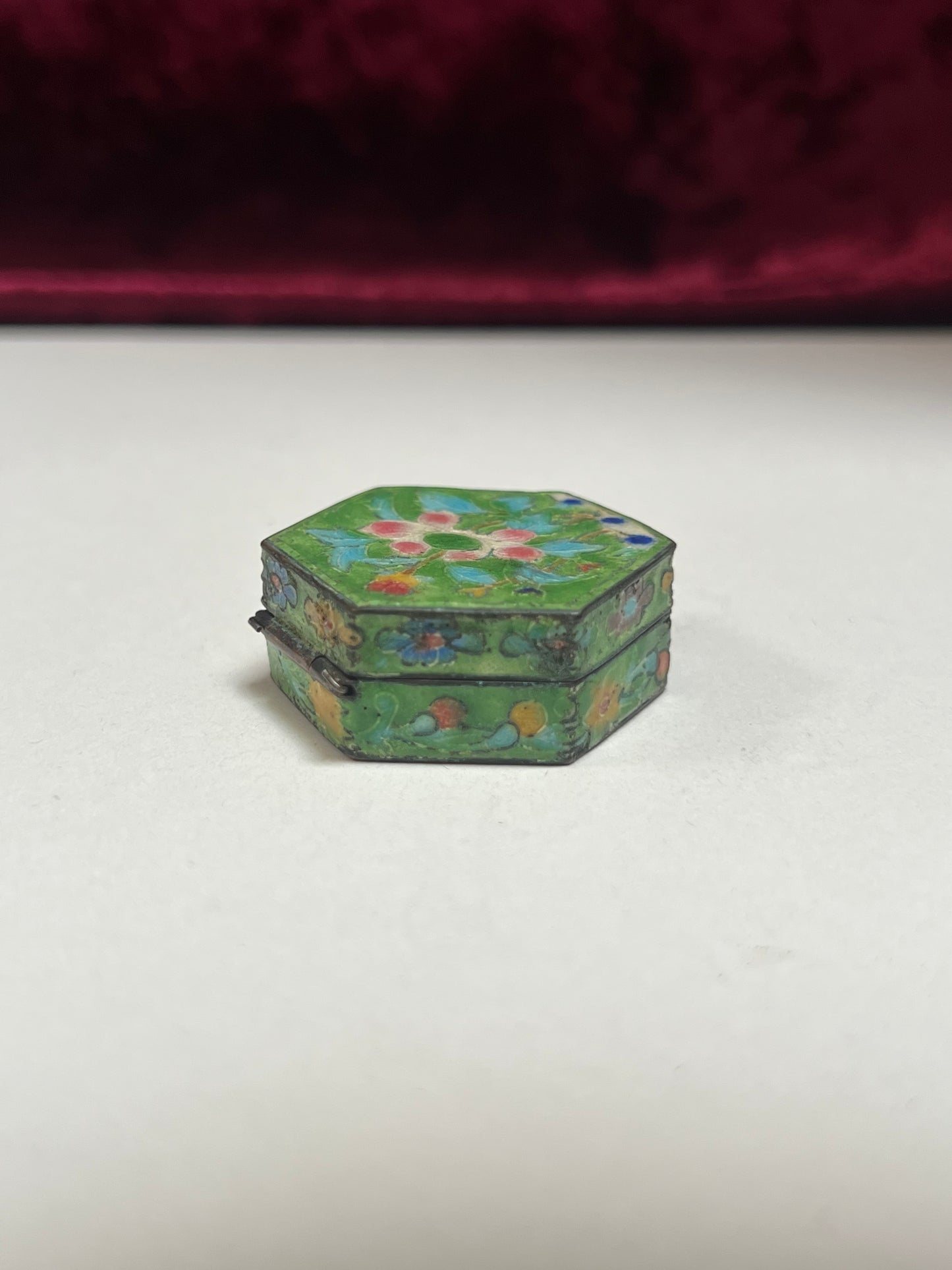 Vintage Trinket Box - Copper Cloisonne Enamel Pill Box - Bright Green Floral Design - Made in China