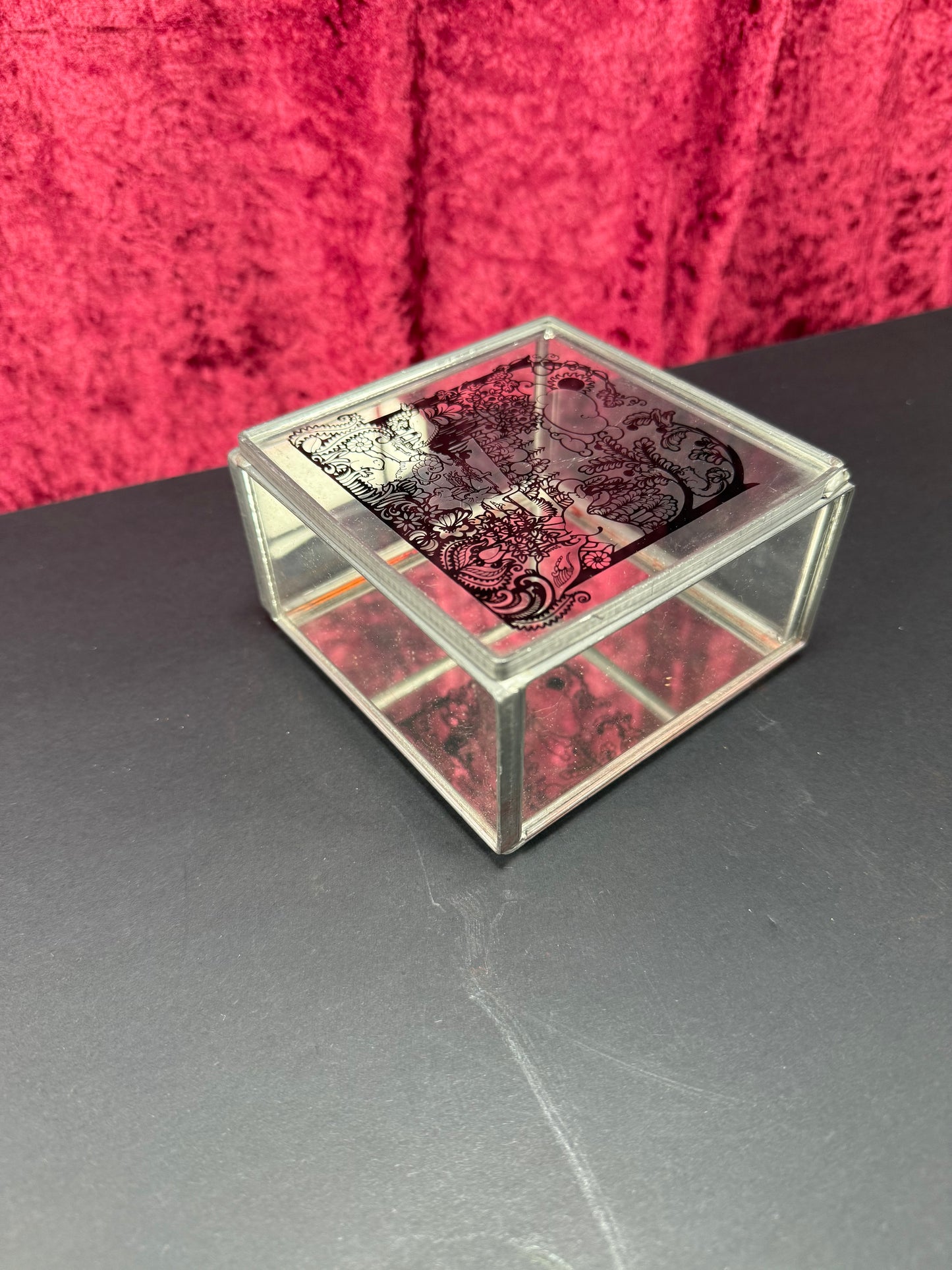 Vintage Trinket Box - Glass - Hand Painted Magical Forest Scene - Mirrored Bottom - Stained Glass Arts