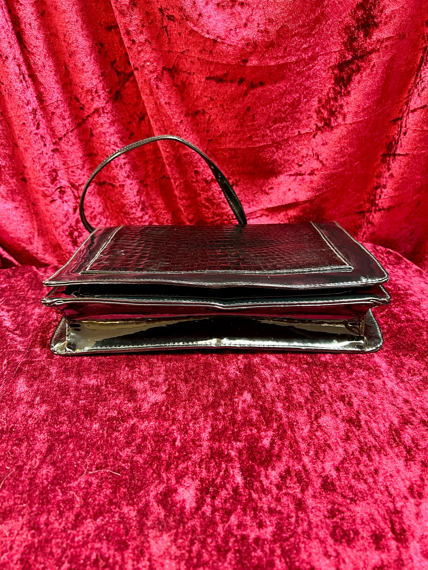 Vintage Accessories - Convertible Purse - Black Faux Patent Leather - Crocodile Skin Flap - Tandem Bags of California