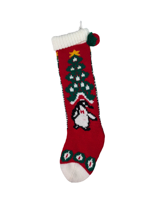 Vintage Christmas Decor - Heavy Knit Stocking - 24" Penguin Design