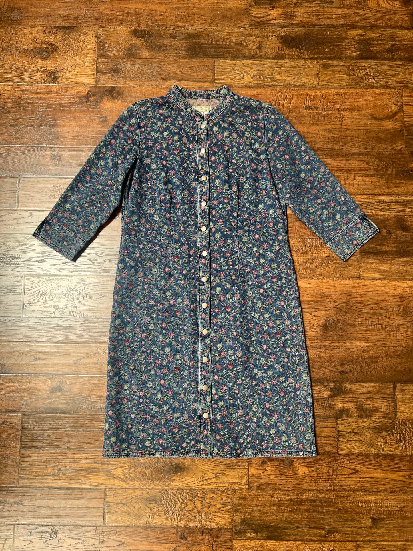 Vintage Clothing - Jacket - Blue Floral Denim Button Up Jacquard Long Shirt Dress - The Territory Ahead - Size 12