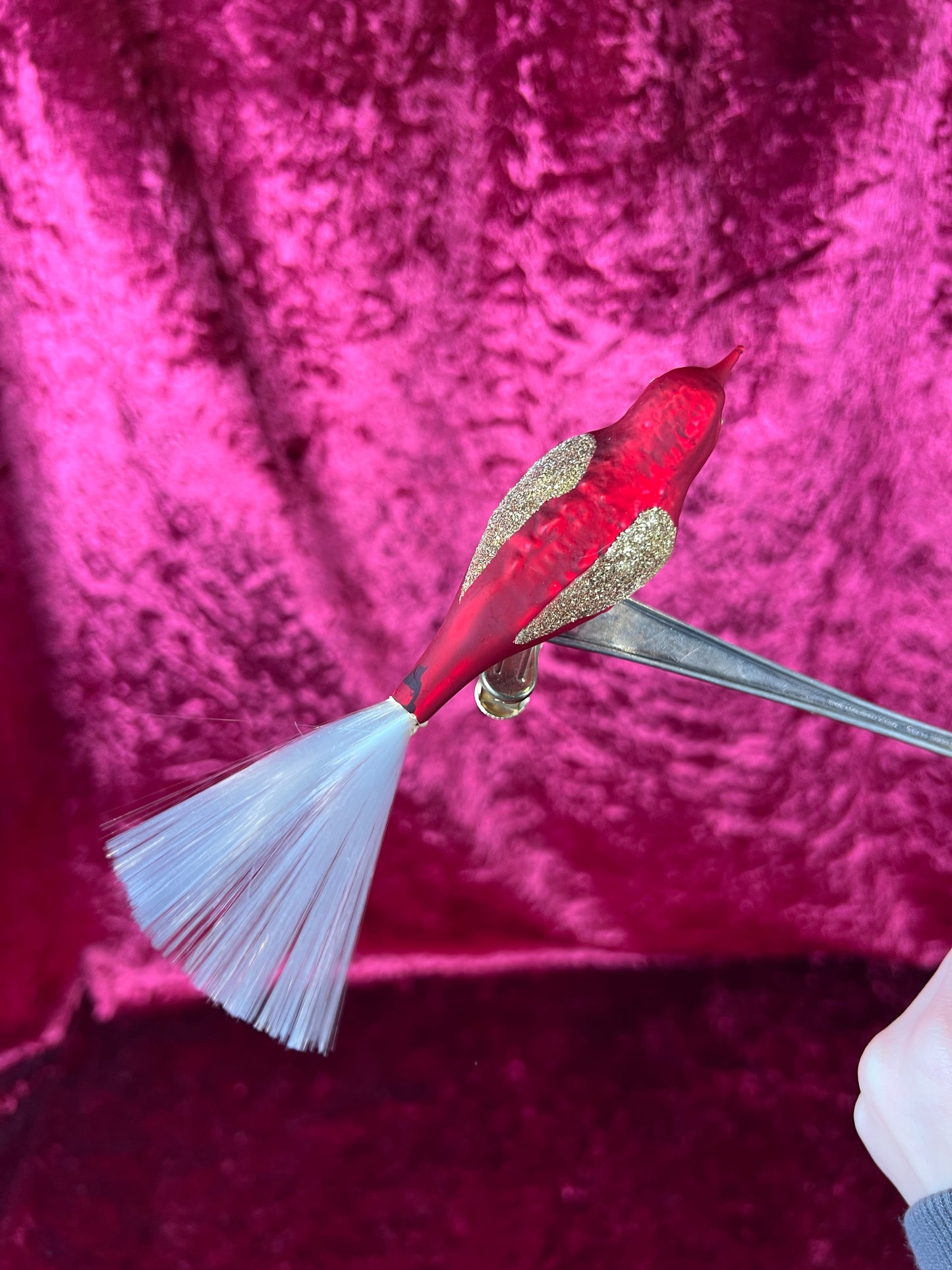 Vintage Christmas - Glass Clip-On Ornament - Bright Red Cardinal with Nylon Hair Tail