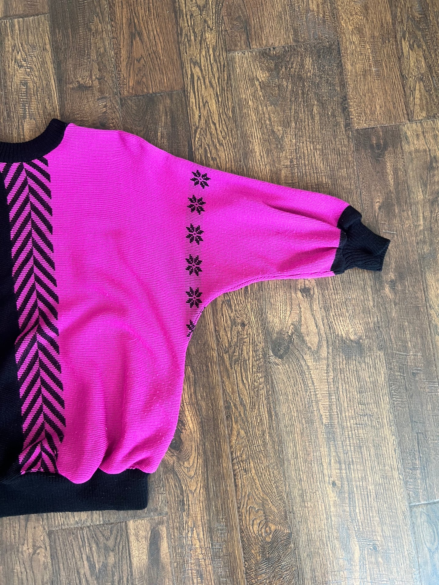 Vintage Clothing - 1980s Sweater - Hot Pink and Black - R Knit - Medium - Made In England