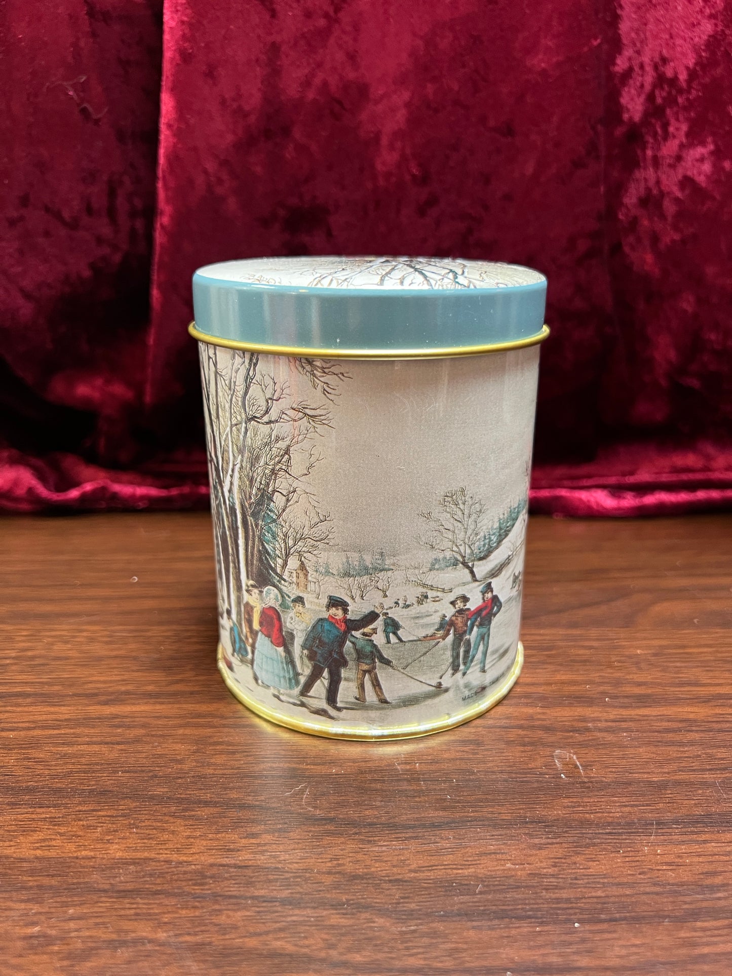 Vintage Christmas - Metal Nesting Tin Canister Set - Old New England Winter Scene - Made In Taiwan R.O.C.