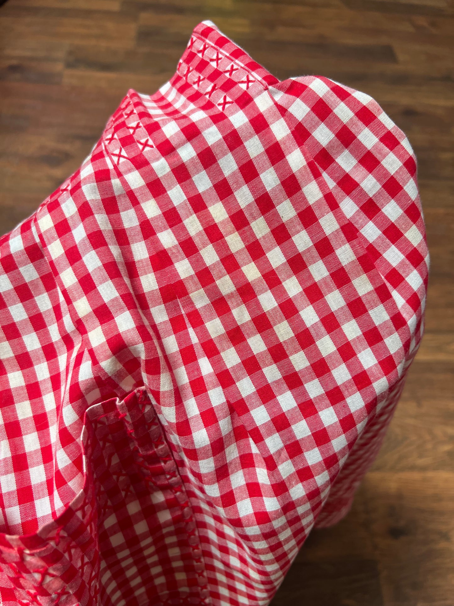 Vintage Clothing - Half Apron - Red Gingham with Cross Stitch Details